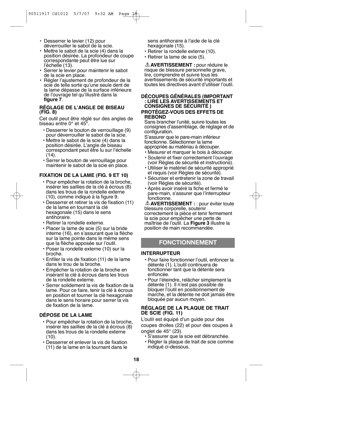 Black & Decker CS1012 instruction manual Fonctionnement 