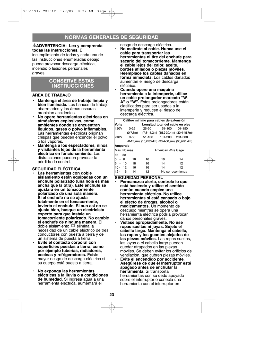 Black & Decker CS1012 instruction manual Normas Generales DE Seguridad, Instrucciones, Área DE Trabajo, Seguridad Eléctrica 