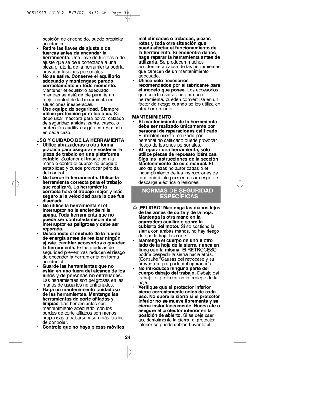 Black & Decker CS1012 Normas DE Seguridad Específicas, Posición de encendido, puede propiciar accidentes, Mantenimiento 