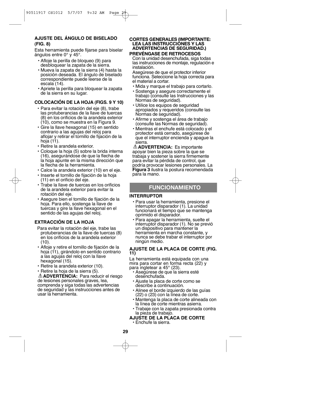 Black & Decker CS1012 instruction manual Funcionamiento 