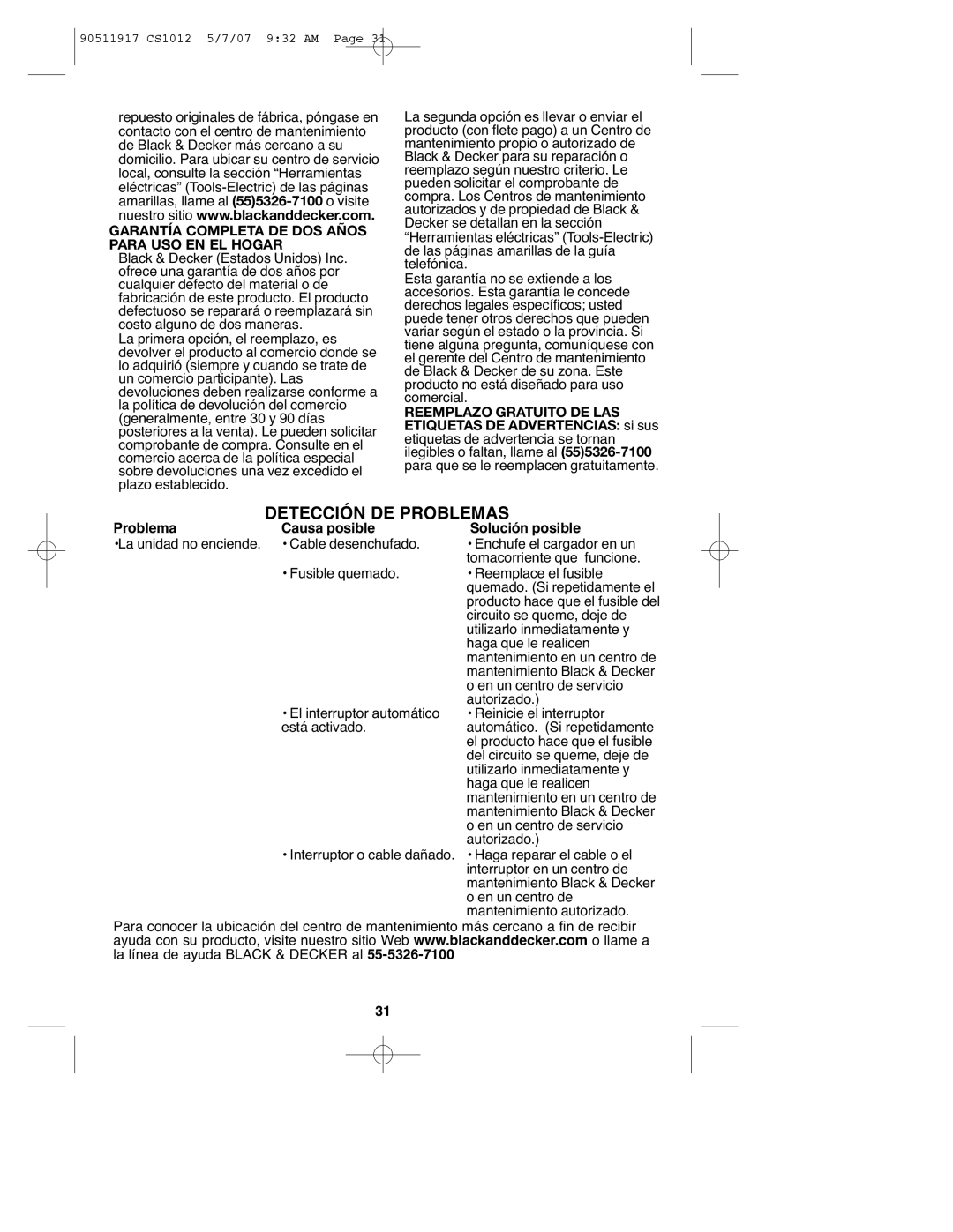 Black & Decker CS1012 instruction manual Garantía Completa DE DOS Años Para USO EN EL Hogar 