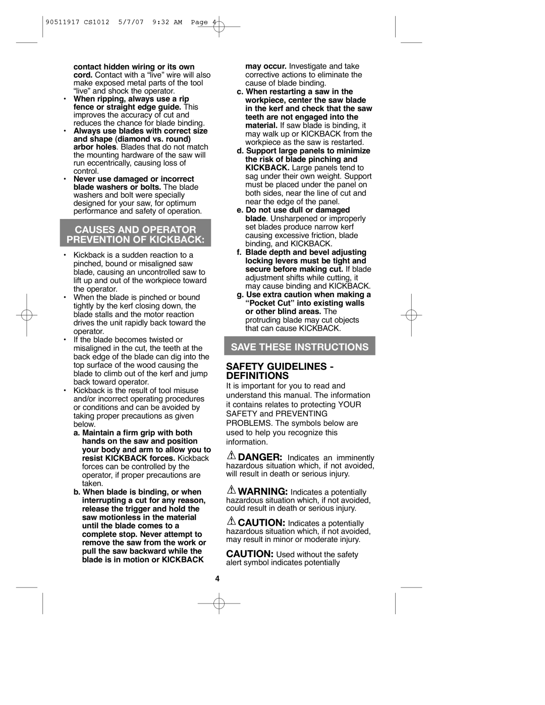 Black & Decker CS1012 instruction manual Causes and Operator Prevention of Kickback, Safety Guidelines Definitions 