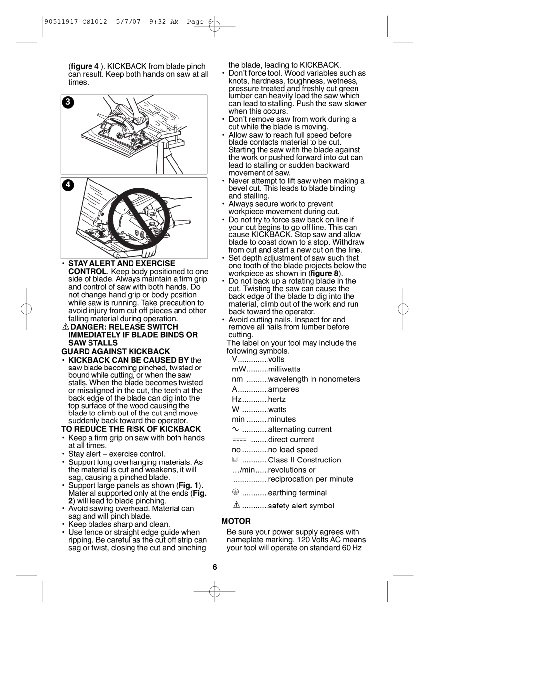 Black & Decker CS1012 instruction manual Guard Against Kickback, To Reduce the Risk of Kickback, Motor 