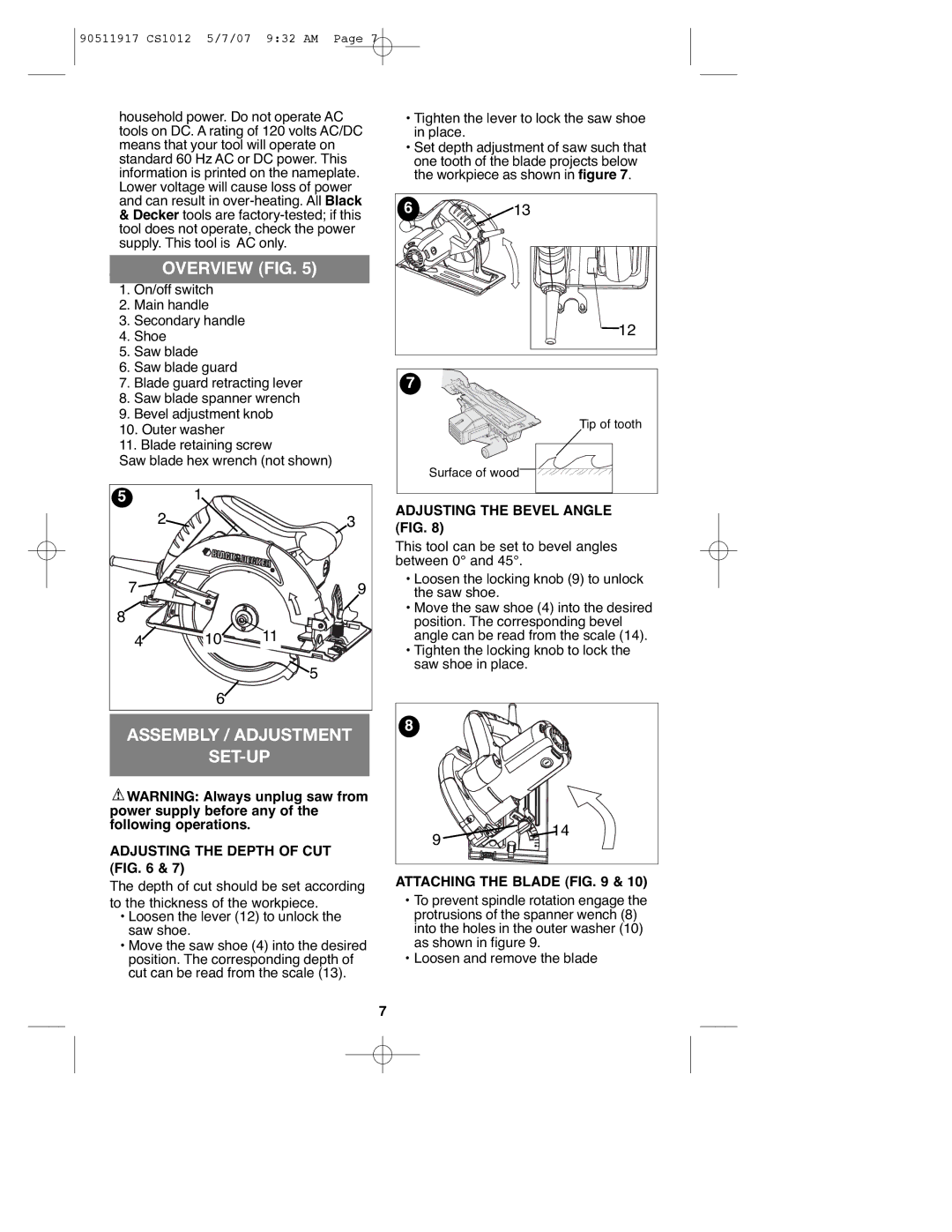 Black & Decker CS1012 Assembly / Adjustment SET-UP, Adjusting the Depth of CUT, Adjusting the Bevel Angle FIG 