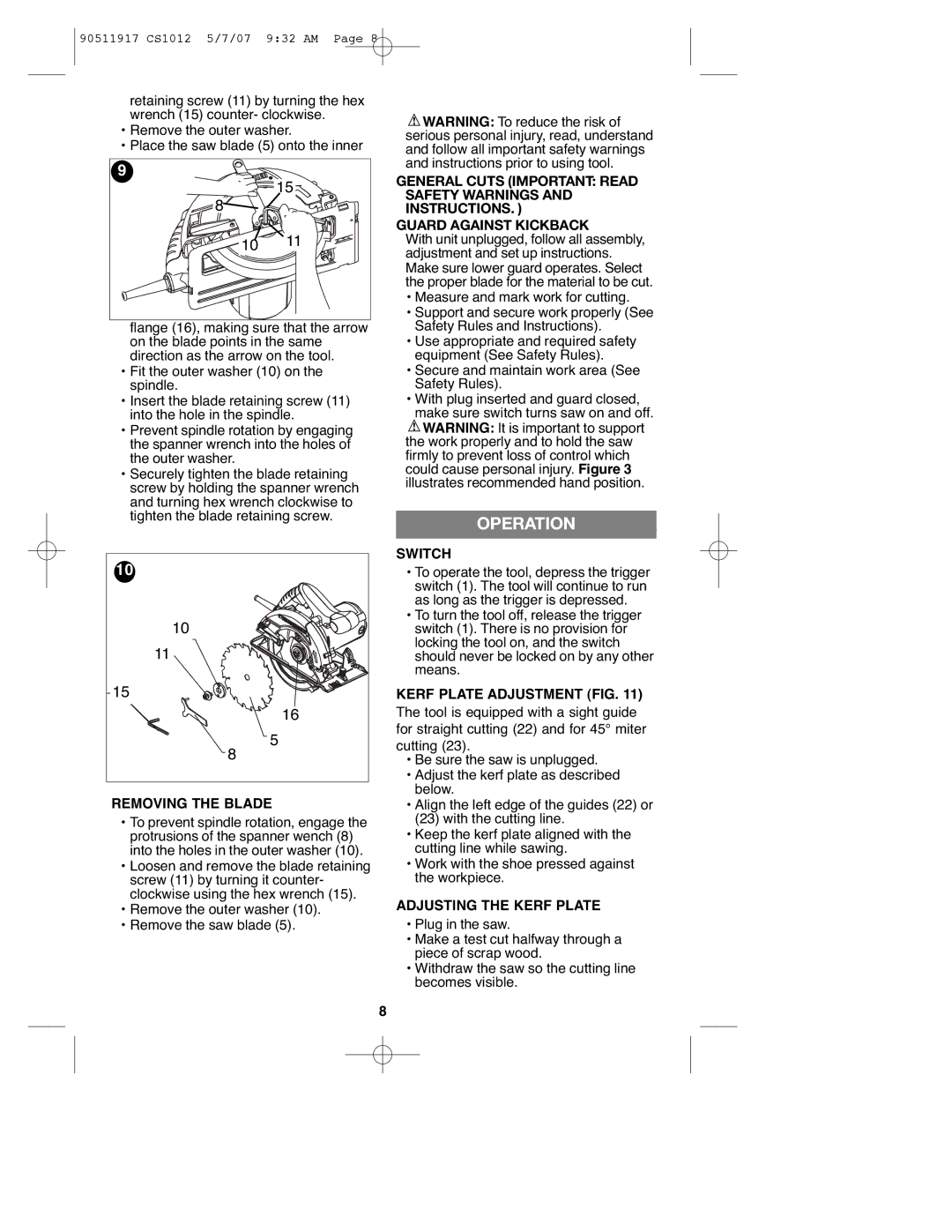 Black & Decker CS1012 Operation, Removing the Blade, Switch, Kerf Plate Adjustment FIG, Adjusting the Kerf Plate 