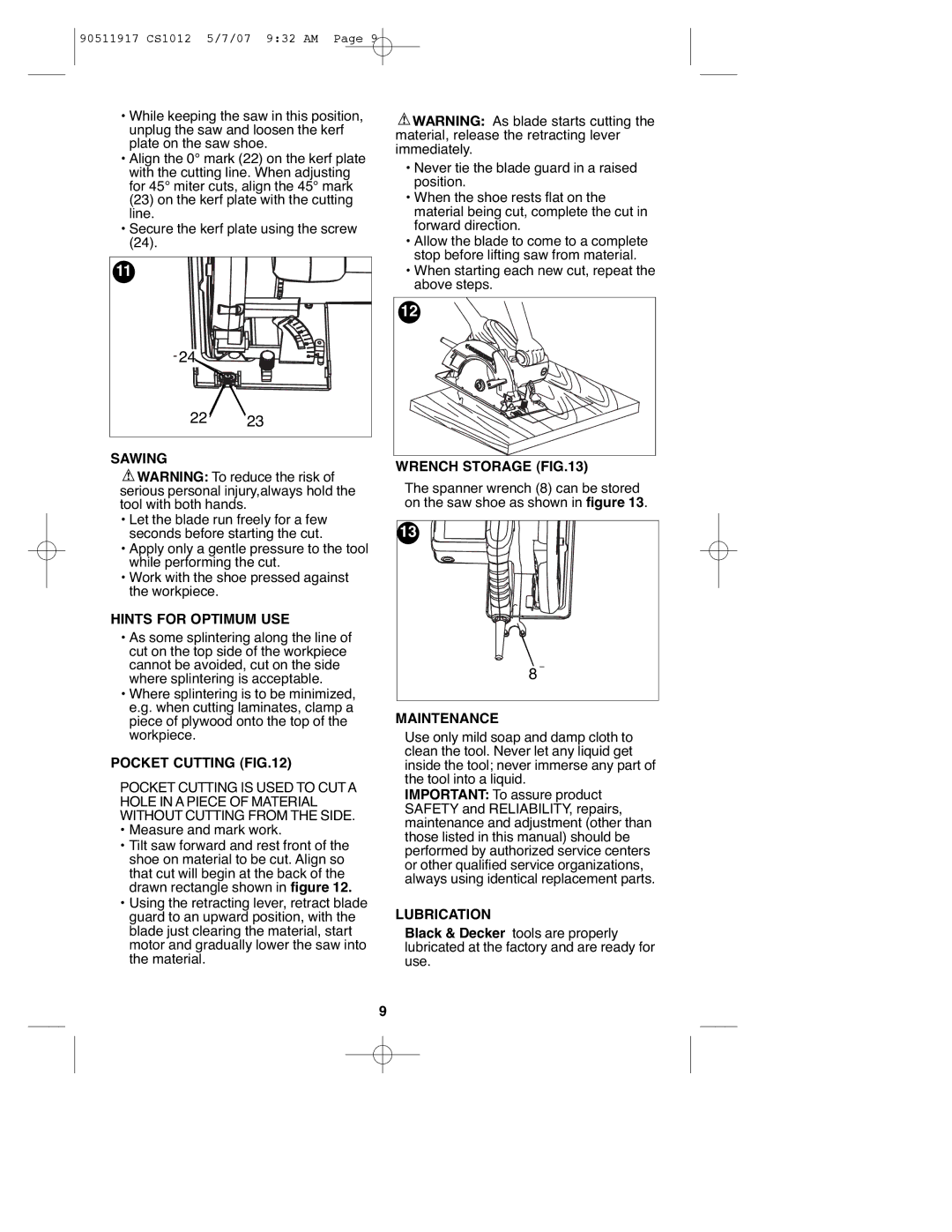 Black & Decker CS1012 Sawing, Hints for Optimum USE, Pocket Cutting, Wrench Storage, Maintenance, Lubrication 