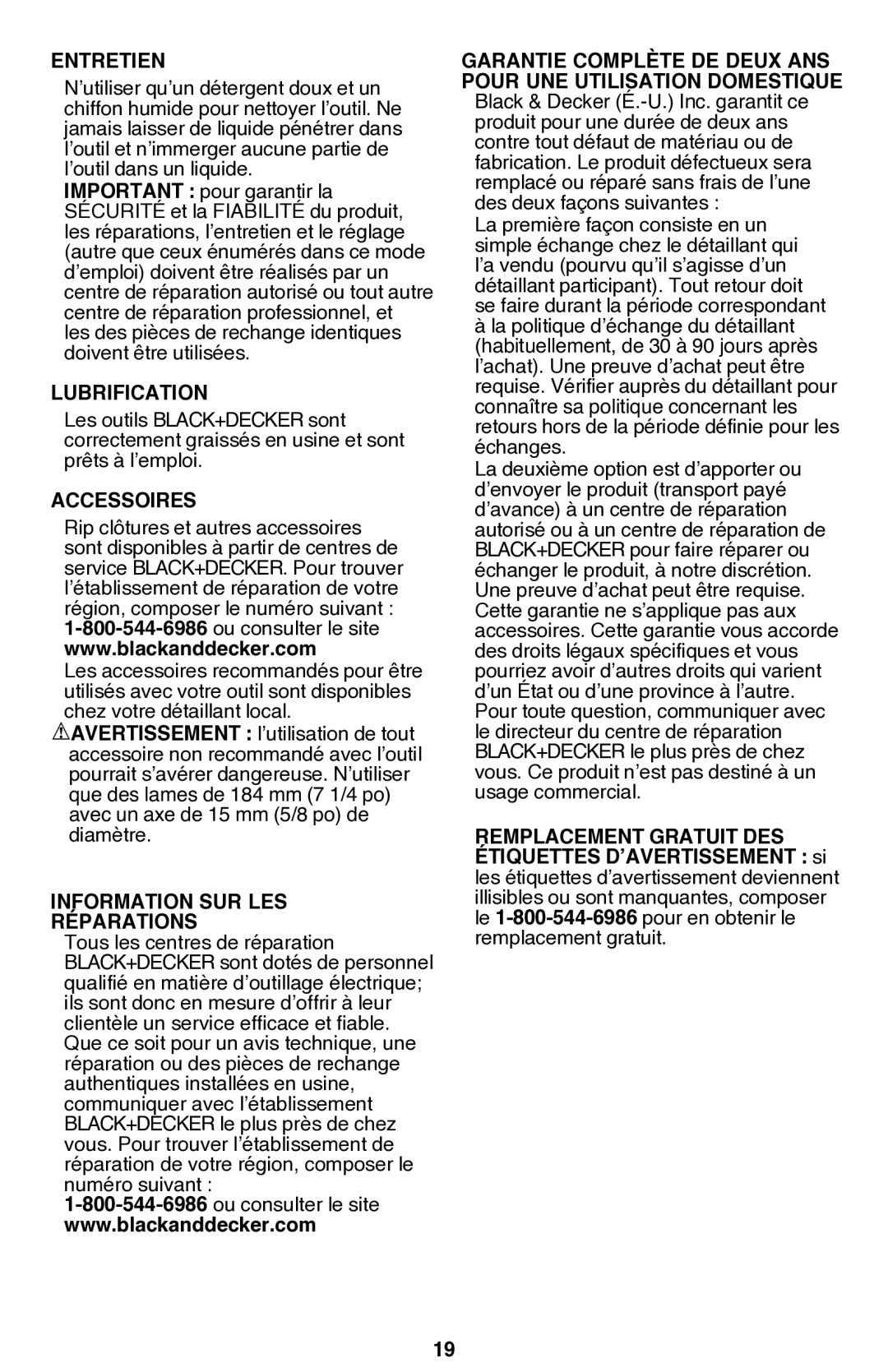 Black & Decker CS1014 instruction manual Entretien, Lubrification, Accessoires, Information sur les réparations 