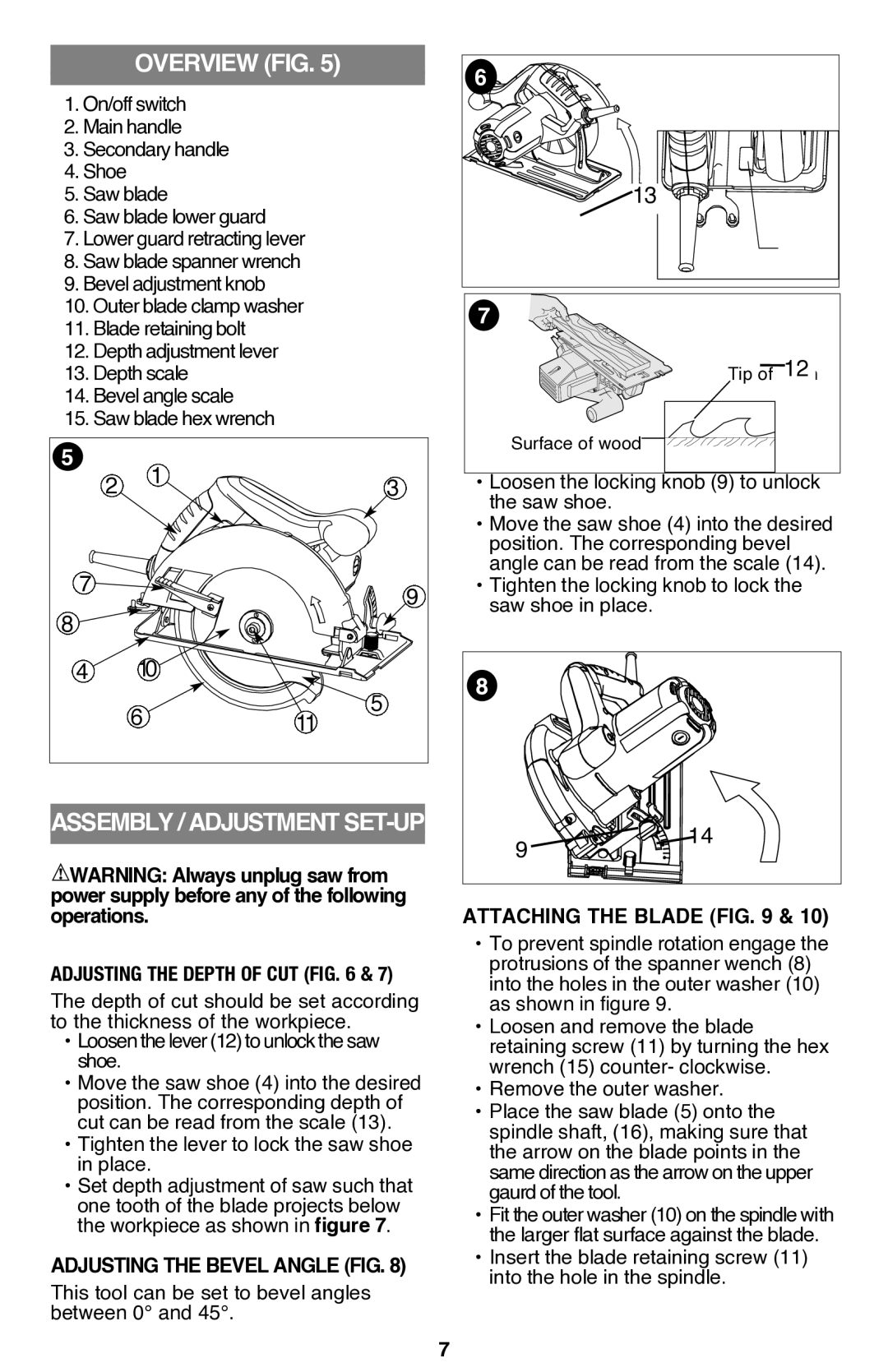 Black & Decker CS1014 instruction manual Overview fig, Assembly / adjustment set-up, Attaching the blade 