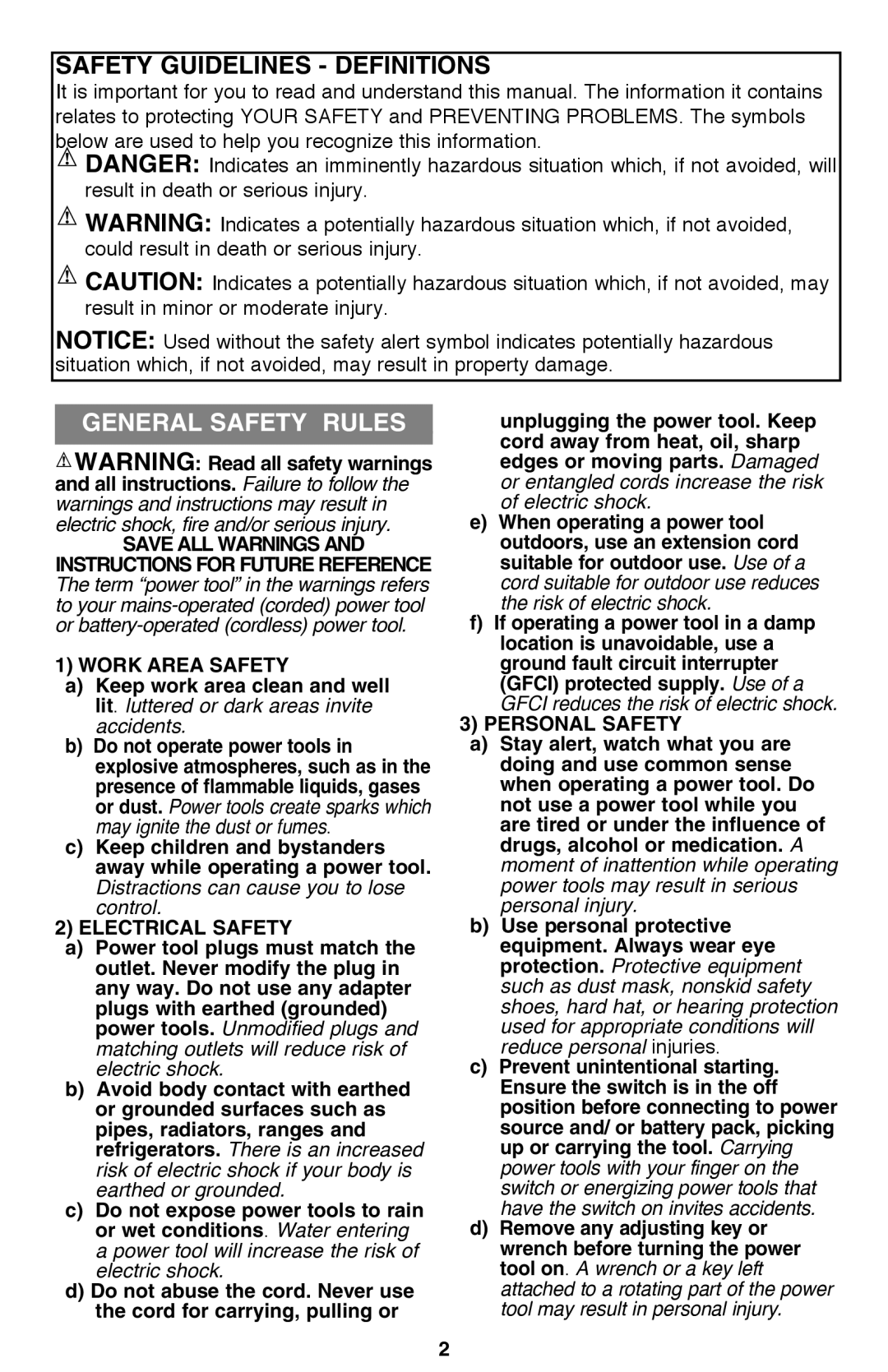 Black & Decker CS1015 instruction manual Safety Guidelines Definitions, General safety rules 