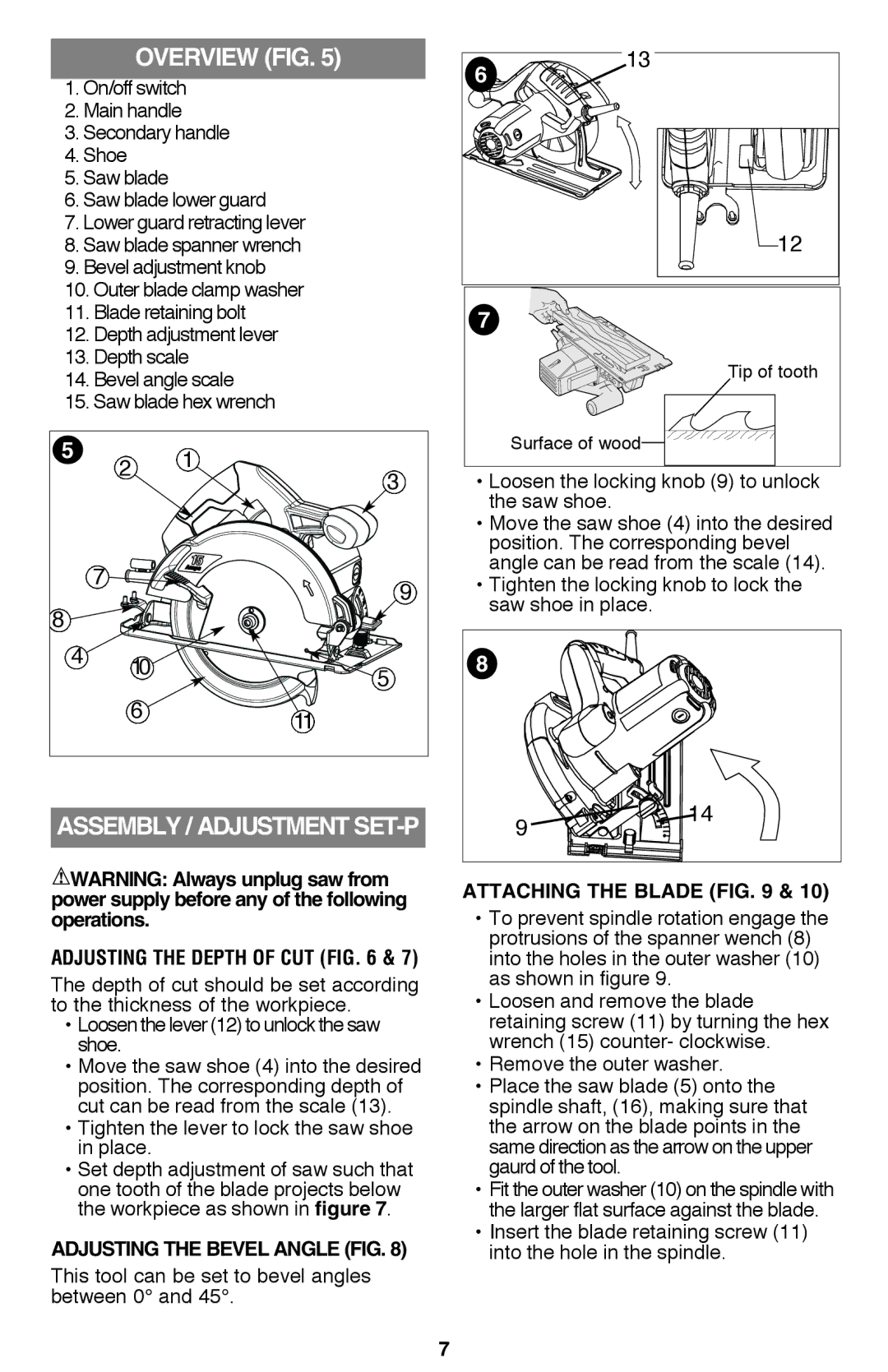 Black & Decker CS1015 Overview fig, Assembly / adjustment set-p, Adjusting the depth of cut, Adjusting the bevel angle fig 