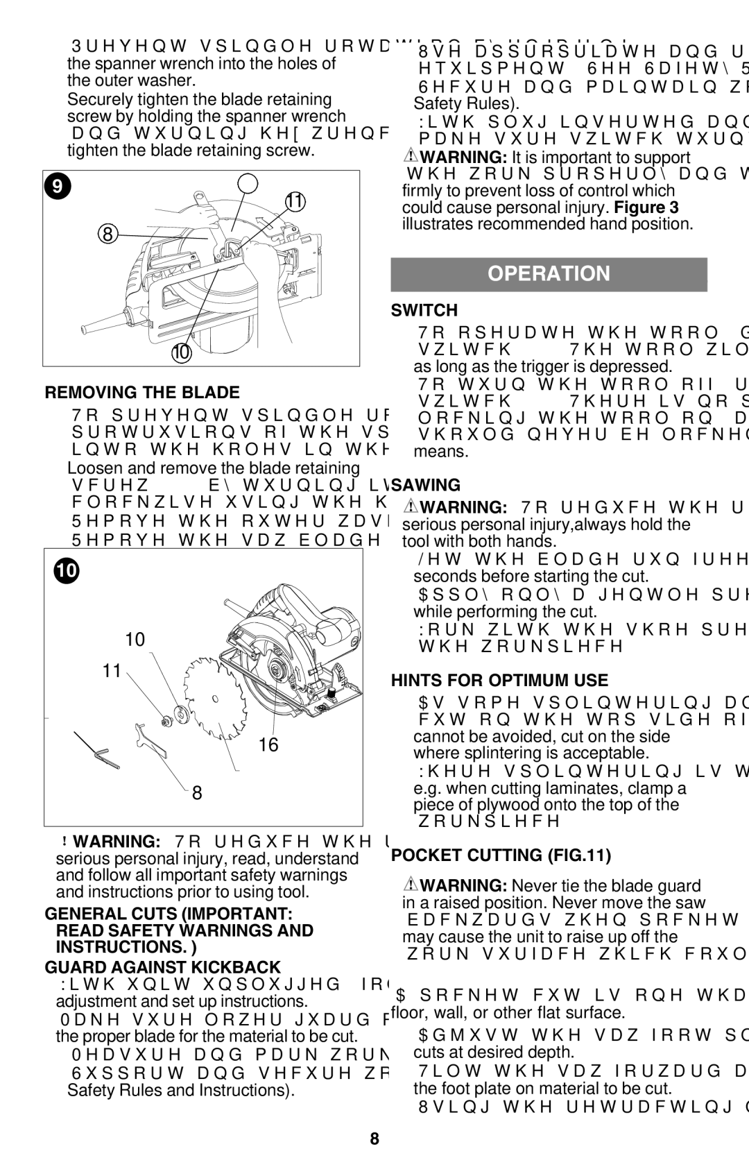 Black & Decker CS1015 instruction manual Operation, Guard Against Kickback, Switch 