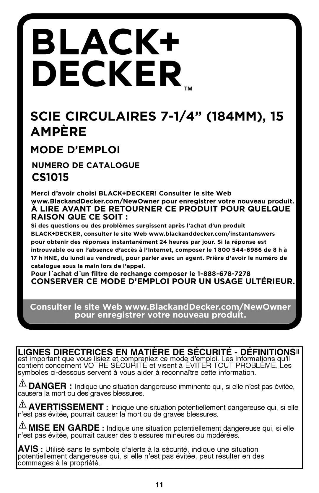 Black & Decker CS1015 instruction manual Scie circulaires 7-1/4 184mm, 15 Ampère 