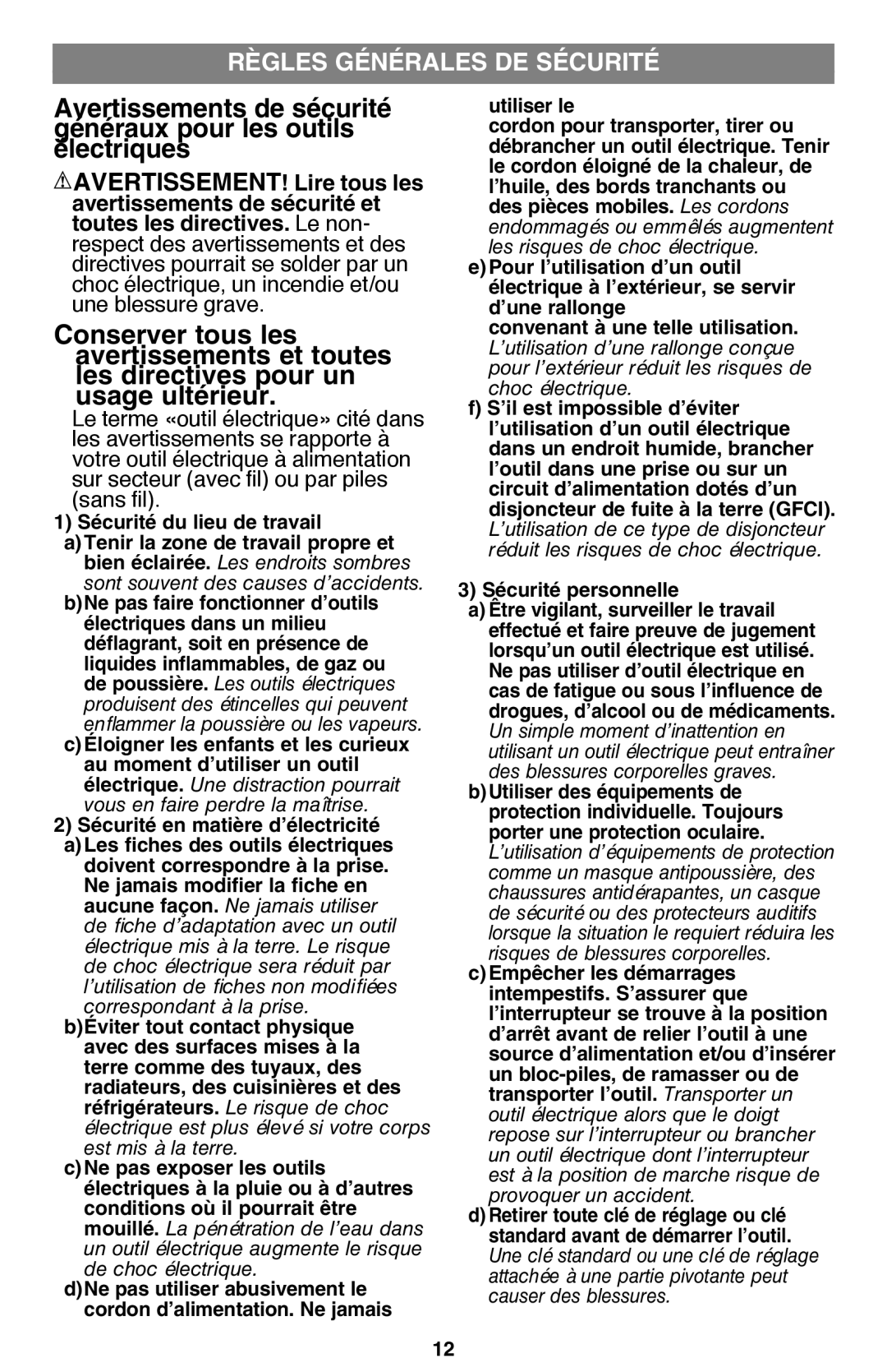 Black & Decker CS1015 instruction manual Règles Générales DE Sécurité 