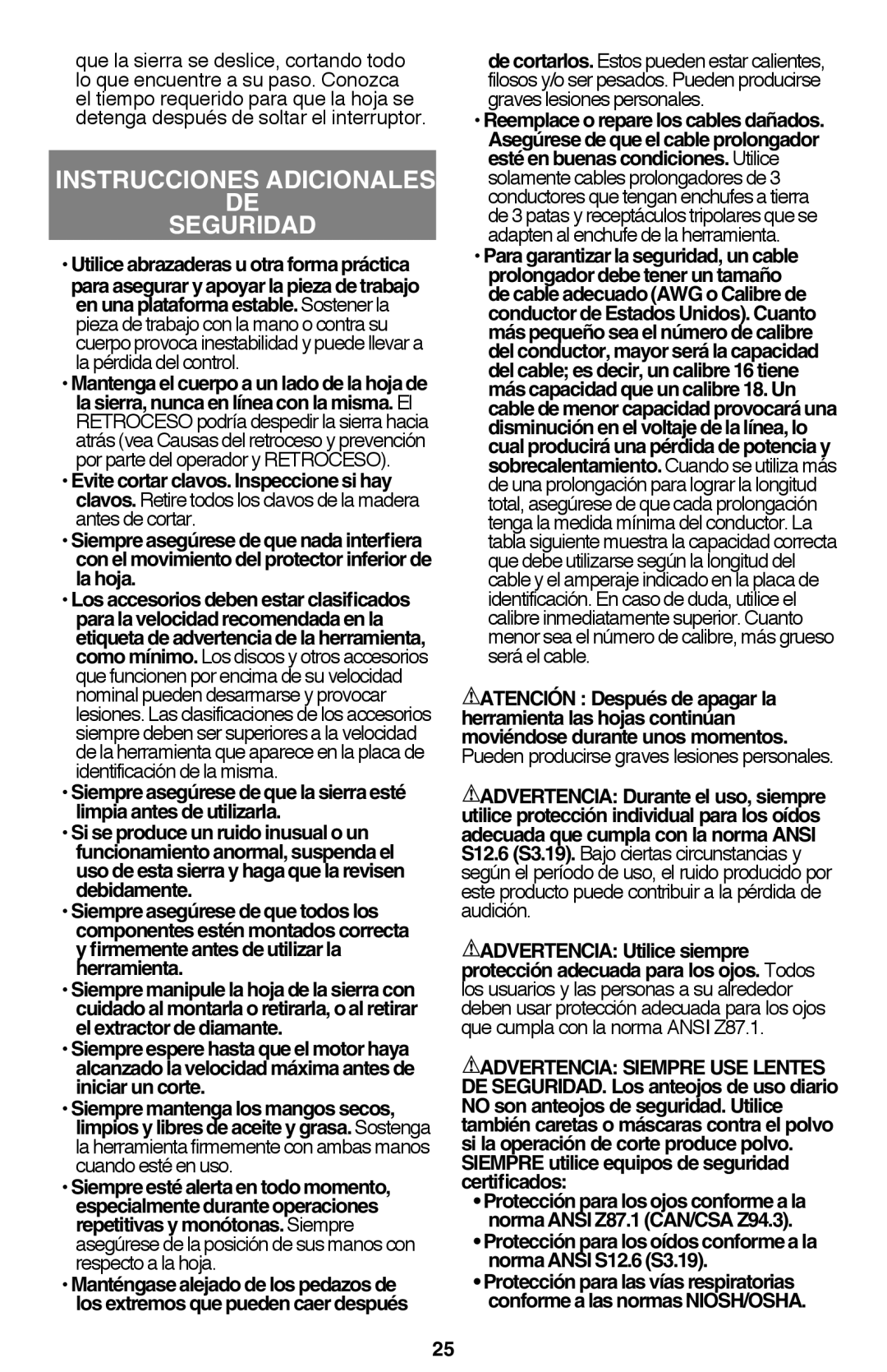 Black & Decker CS1015 instruction manual Instrucciones Adicionales Seguridad 