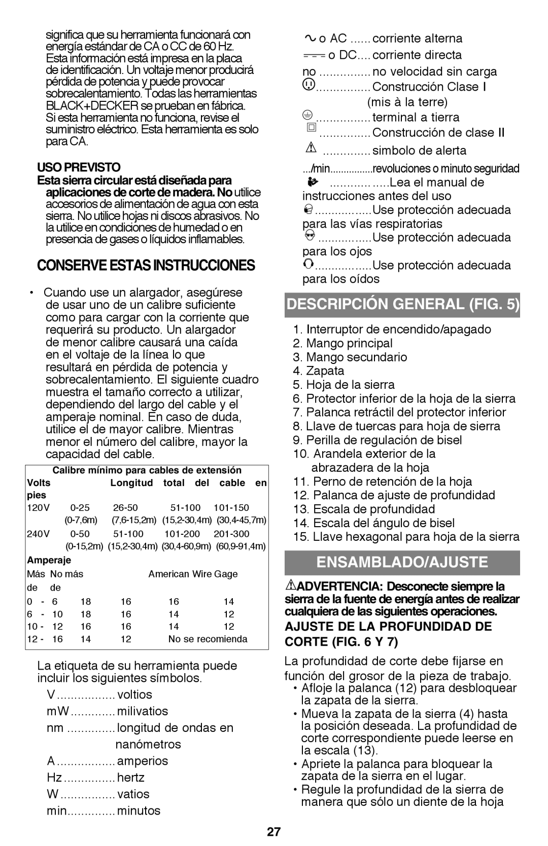 Black & Decker CS1015 Descripción general fig, Ensamblado/Ajuste, USO Previsto, Ajuste de la profundidad de corte y 