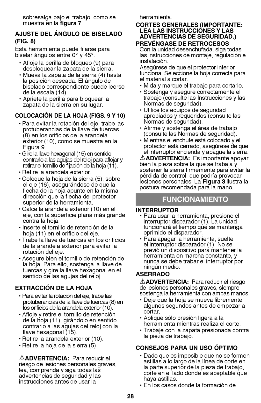 Black & Decker CS1015 instruction manual Funcionamiento, Interruptor 