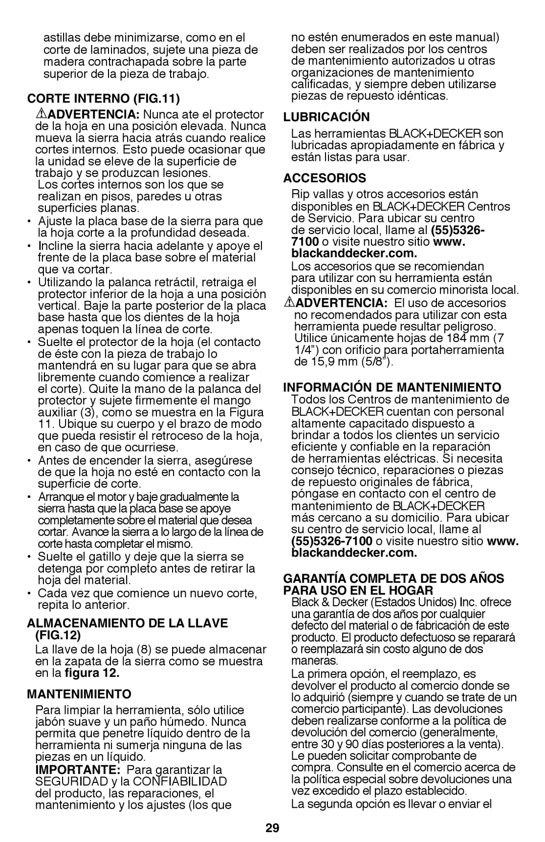 Black & Decker CS1015 instruction manual Corte Interno, Almacenamiento de la llave, Lubricación, Accesorios 