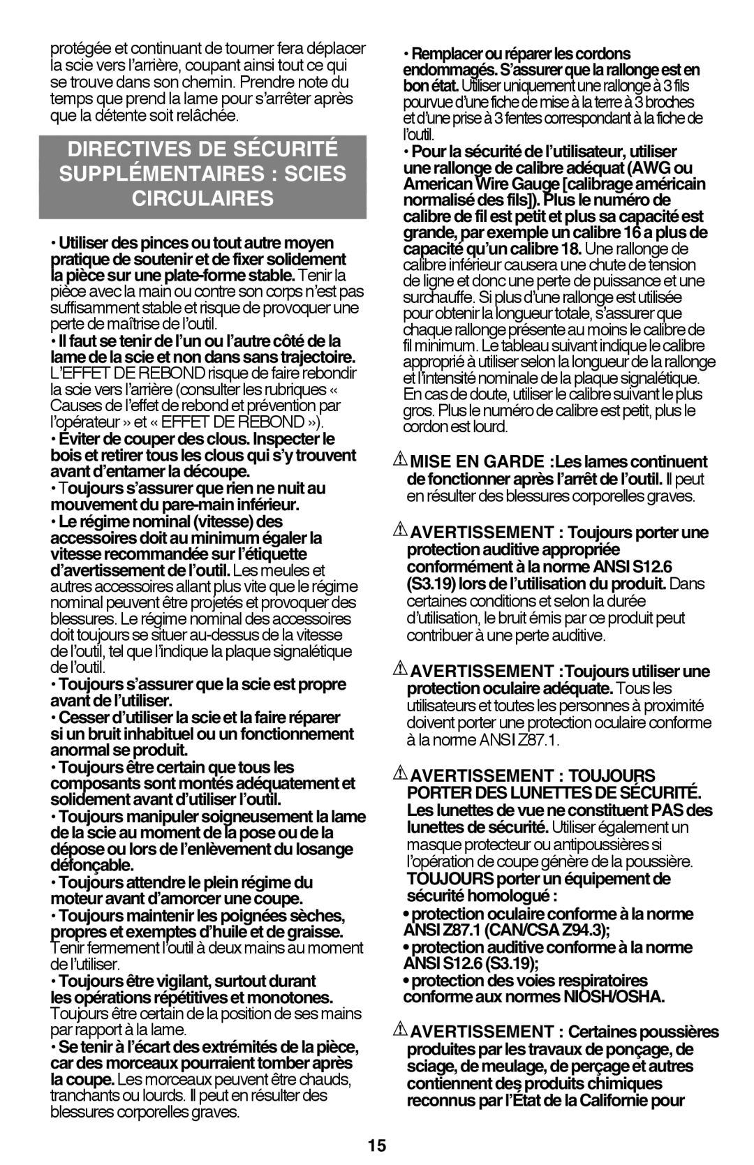 Black & Decker CS1015 instruction manual Directives de Sécurité Supplémentaires scies Circulaires 
