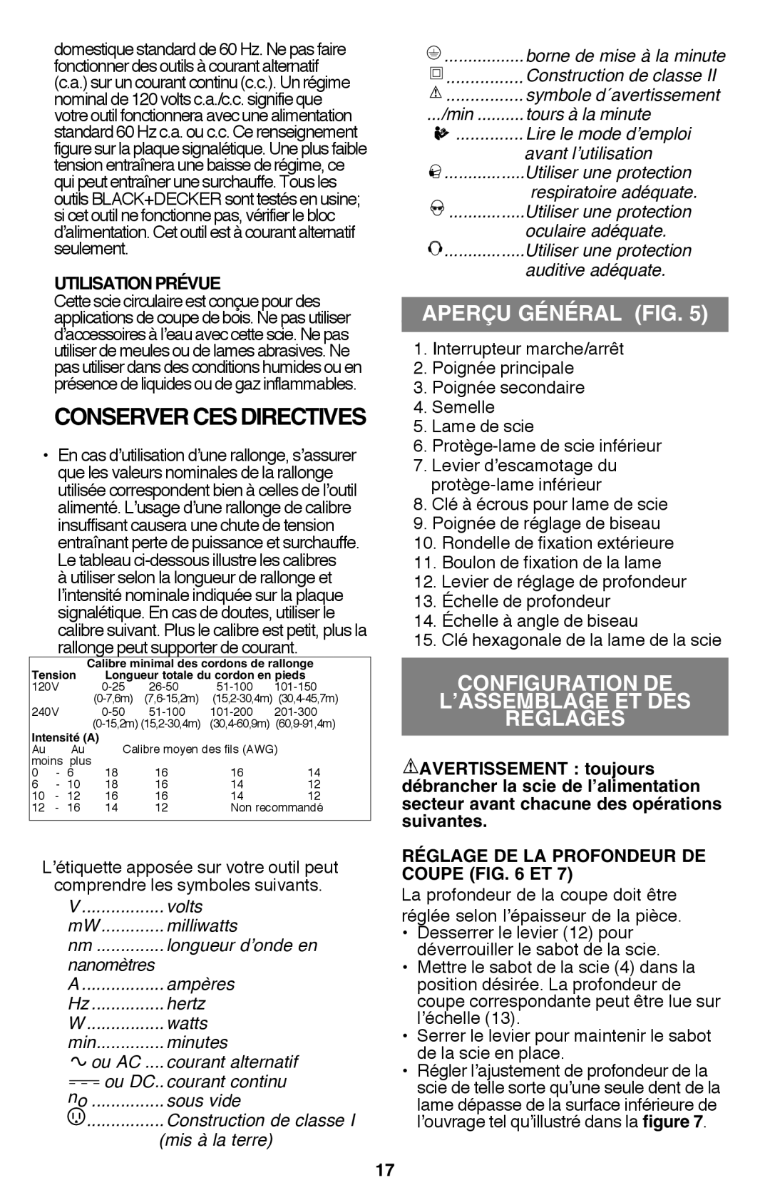 Black & Decker CS1015 Conserver Ces Directives, APERÇU GÉNÉRAL fig, Configuration de l’assemblage et des réglages 
