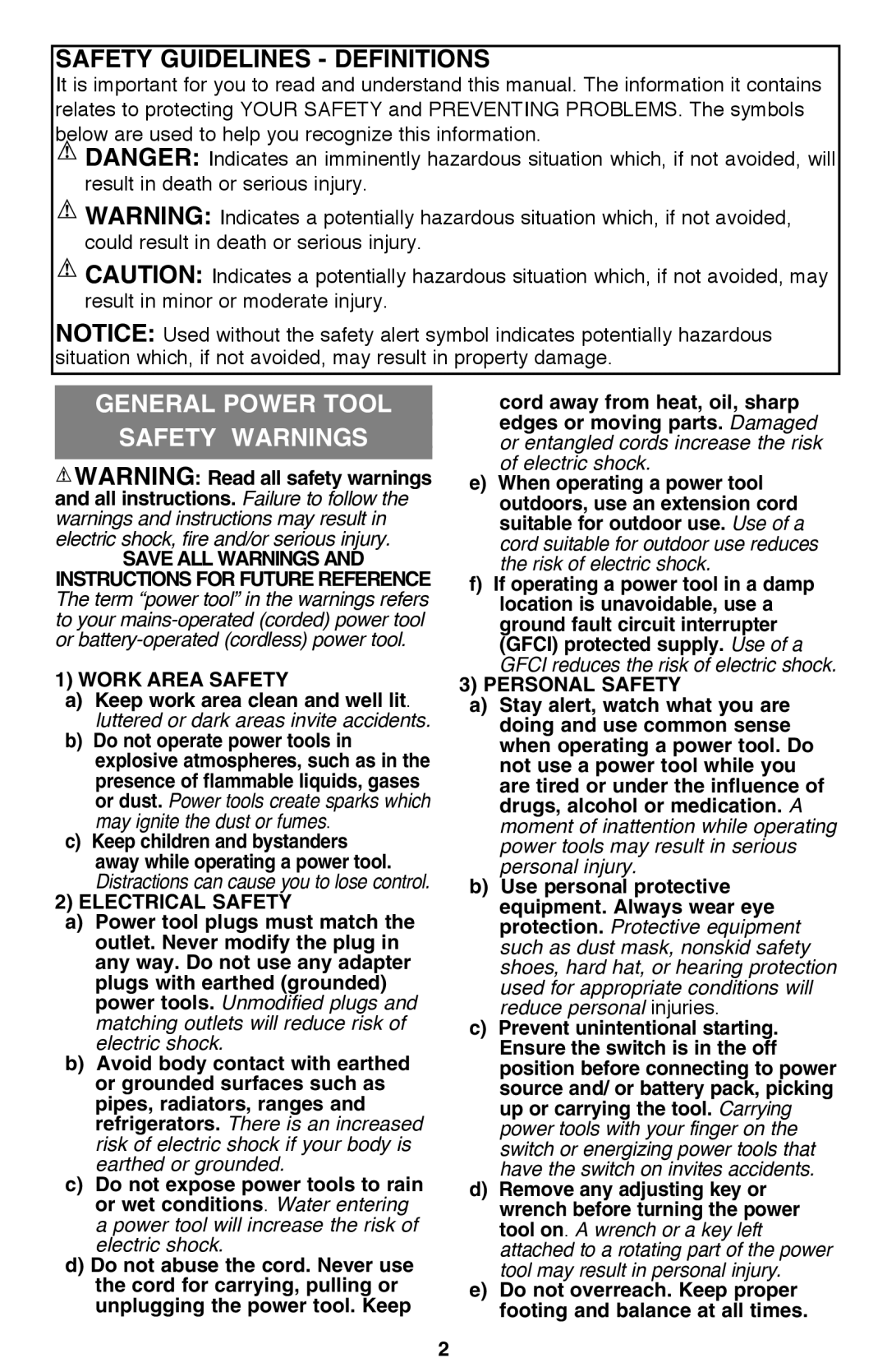 Black & Decker CS1015 Safety Guidelines - Definitions, General Power tool safety warnings, Save all warnings and 