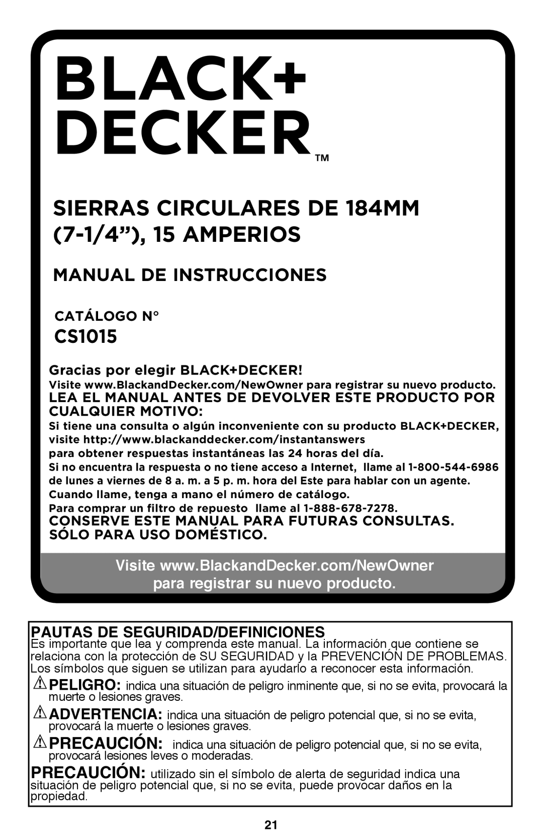 Black & Decker CS1015 sierras circulares de 184mm 7-1/4”, 15 amperios, Manual De Instrucciones, Catálogo N 