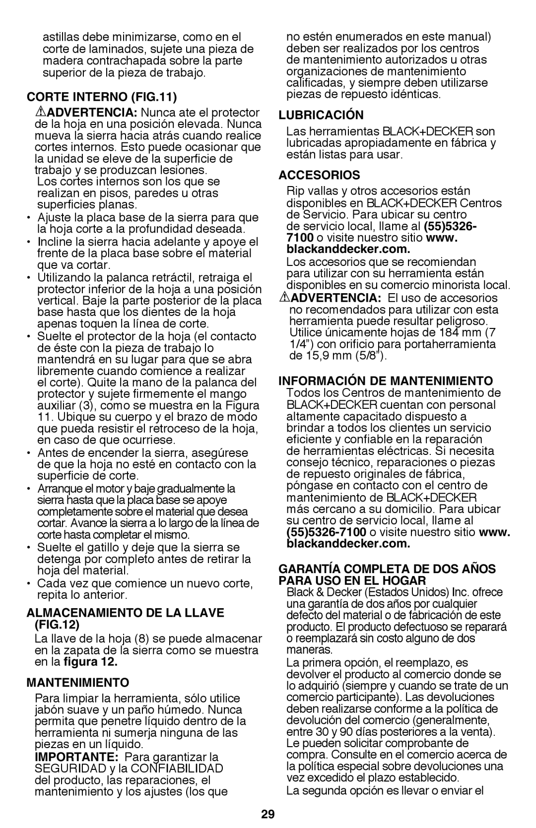 Black & Decker CS1015 instruction manual Corte Interno, Almacenamiento de la llave, Mantenimiento, Lubricación, Accesorios 
