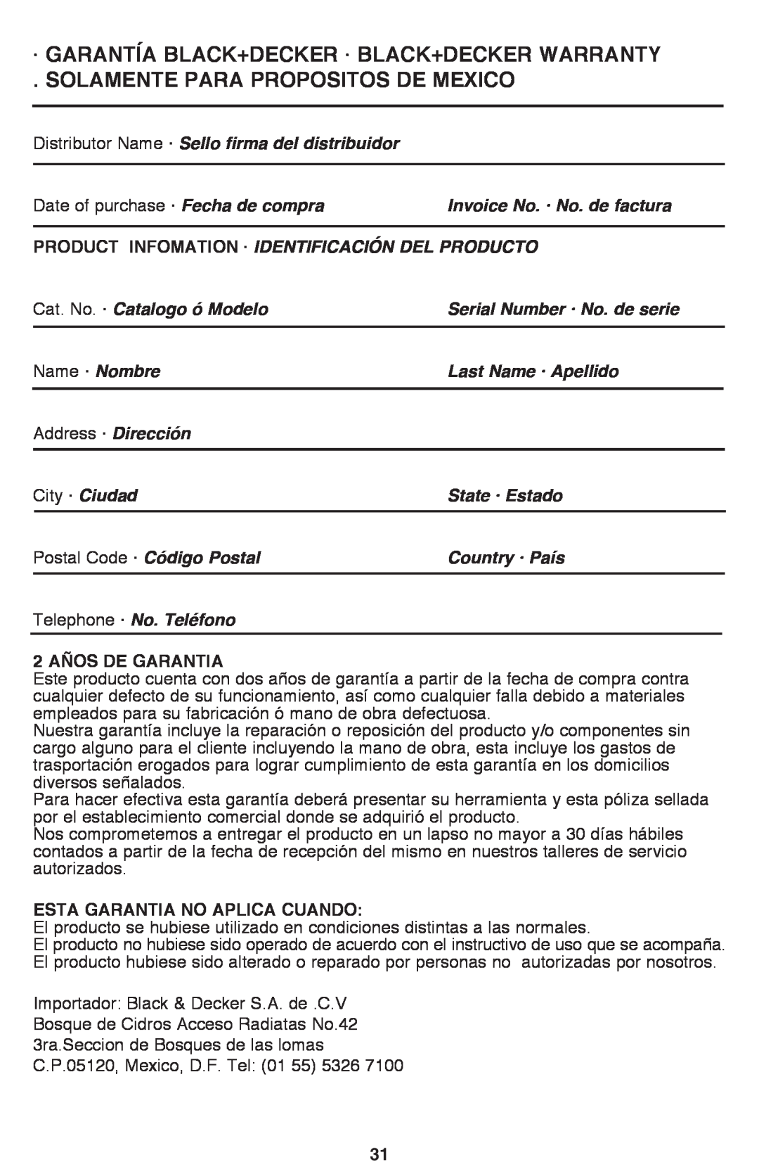 Black & Decker CS1015 · Garantía Black+Decker · Black+Decker Warranty, Solamente Para Propositos De Mexico 