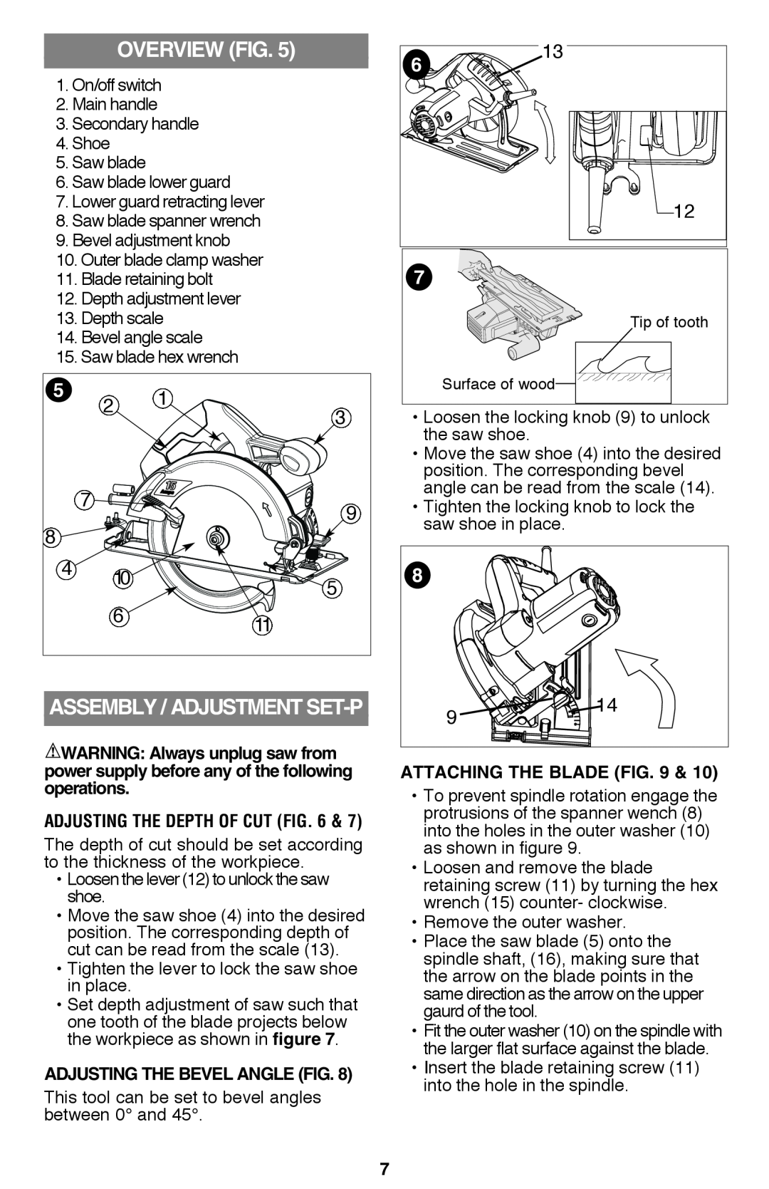 Black & Decker CS1015 Overview fig, Assembly / adjustment set-p, Adjusting the depth of cut fig, attaching the blade Fig 