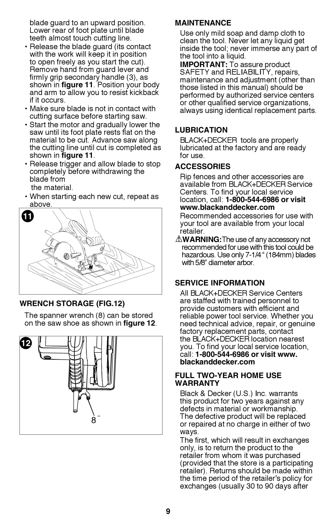 Black & Decker CS1015 instruction manual wrench storage, Maintenance, Lubrication, Accessories, Service Information 