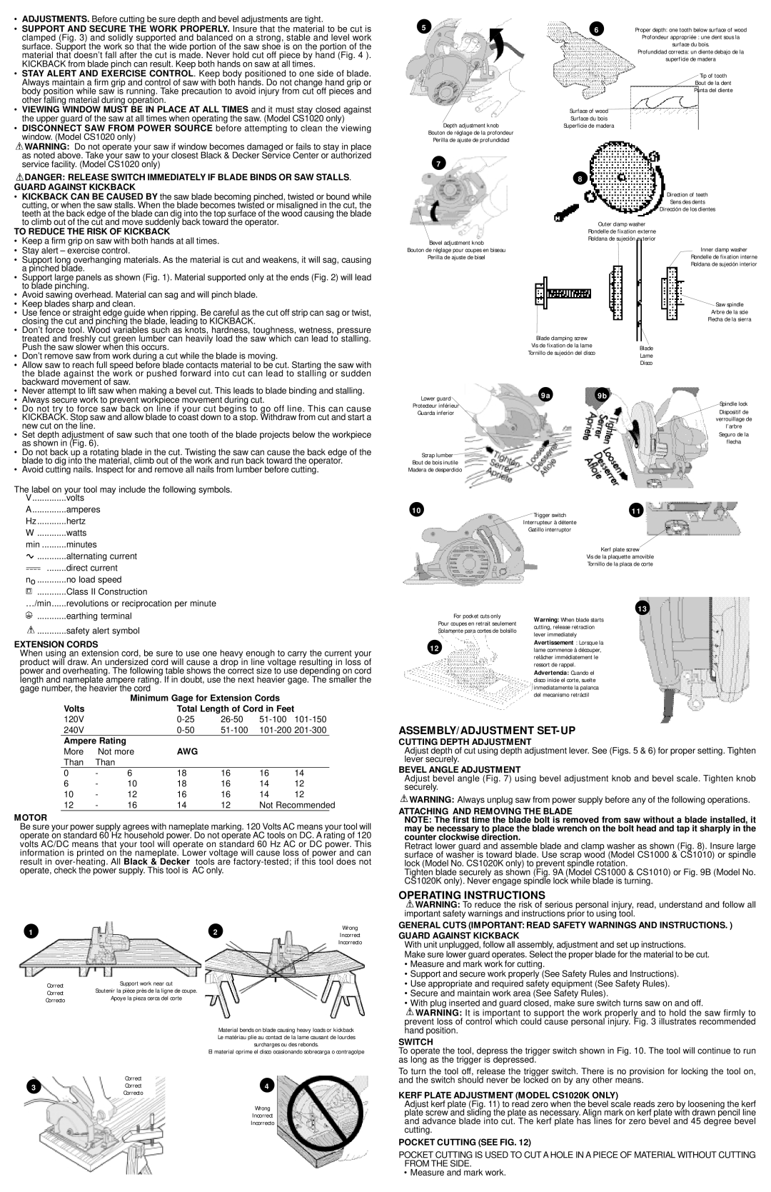 Black & Decker CS1020, CS1010 instruction manual Assembly/Adjustment Set-Up, Operating Instructions 