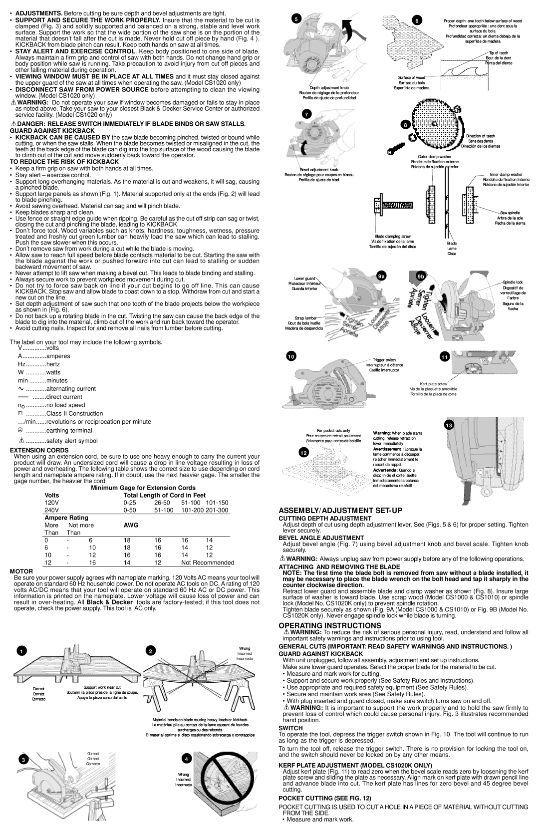 Black & Decker CS1020, CS1010 instruction manual Assembly/Adjustment Set-Up, Operating Instructions, 9a9b 