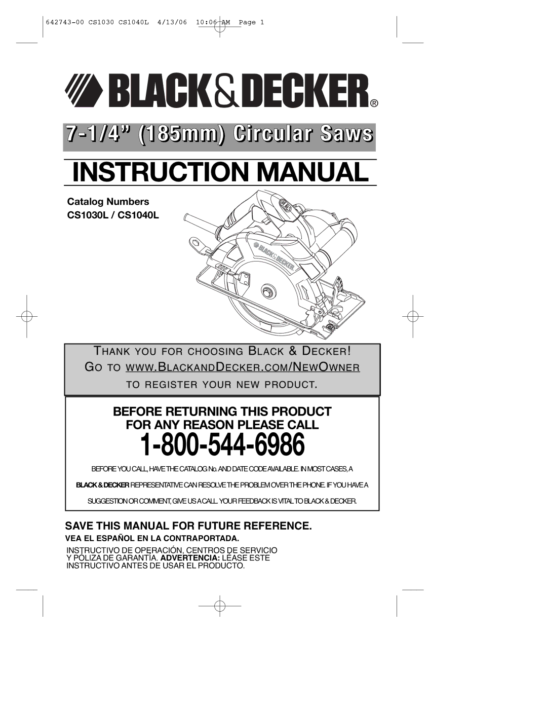 Black & Decker CS1030L instruction manual 4 185mm Circular Saws, VEA EL Español EN LA Contraportada 