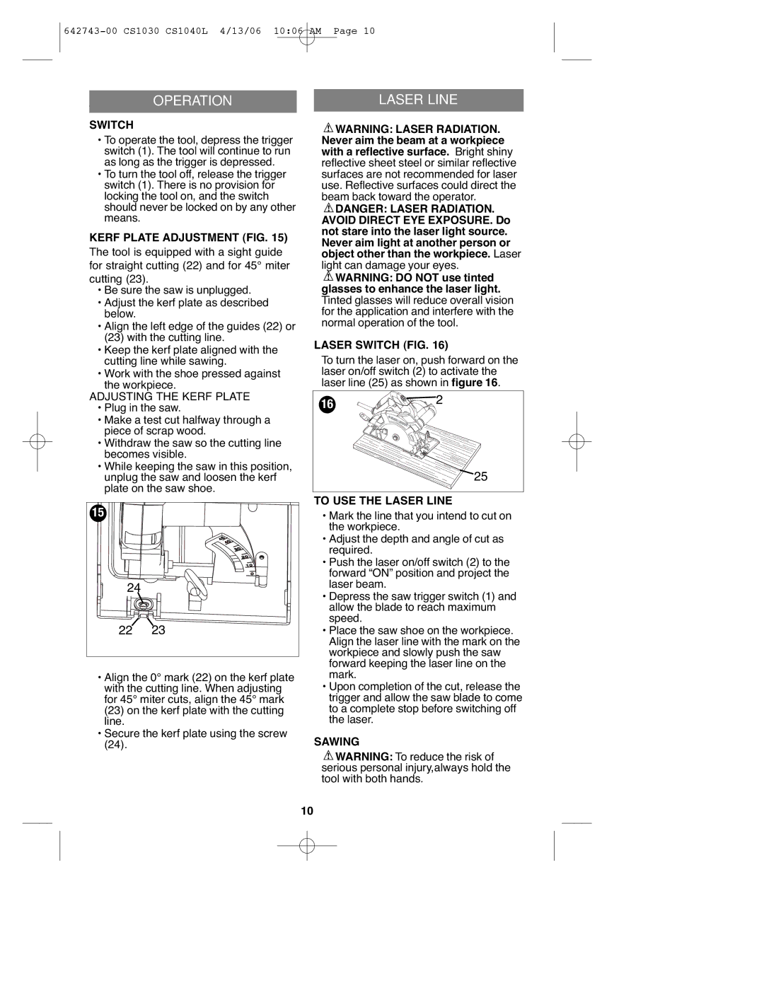 Black & Decker CS1030L instruction manual Operation 