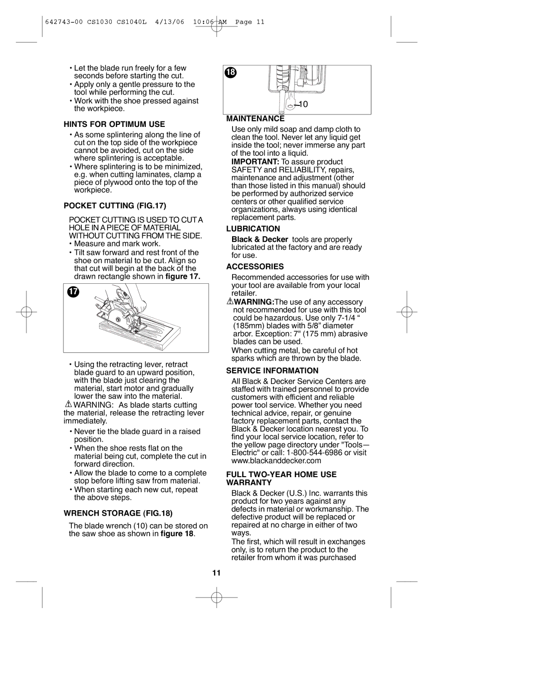 Black & Decker CS1030L Hints for Optimum USE, Pocket Cutting, Wrench Storage, Maintenance, Lubrication, Accessories 