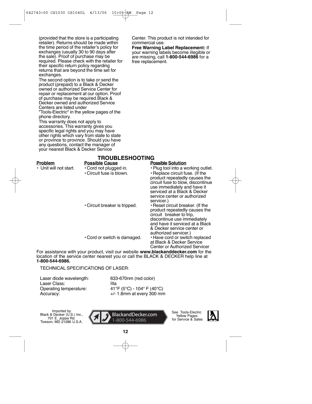 Black & Decker CS1030L Center. This product is not intended for commercial use, Technical Specifications of Laser 