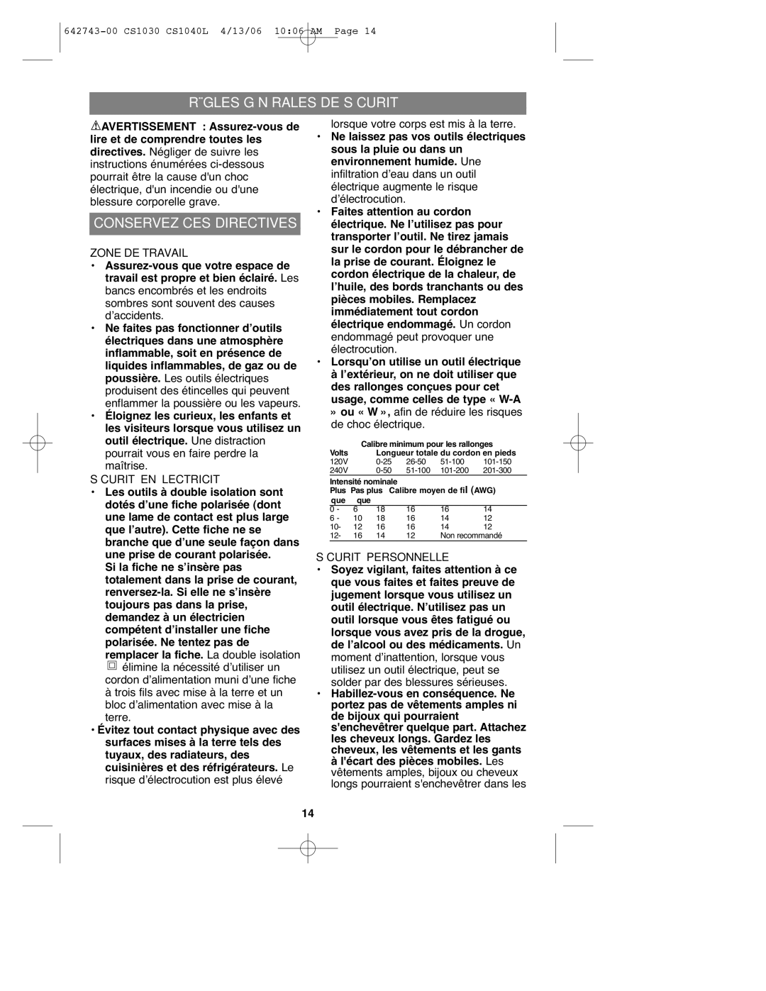 Black & Decker CS1030L instruction manual Règles Générales DE Sécurité, Lorsque votre corps est mis à la terre 