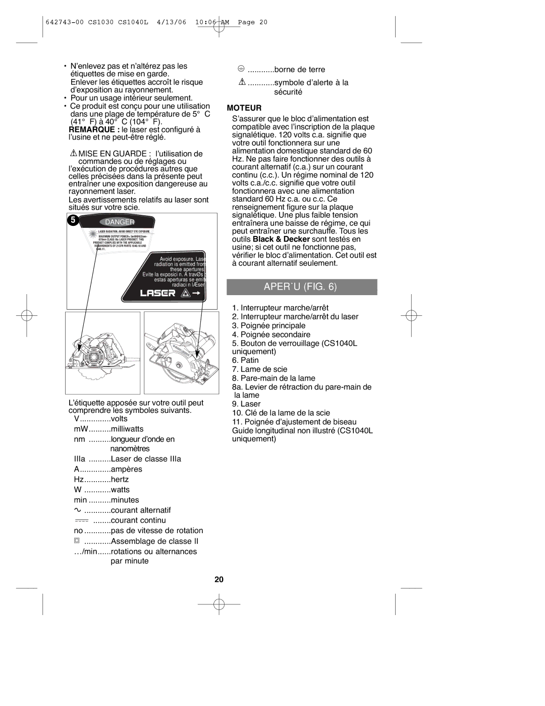 Black & Decker CS1030L instruction manual Aperçu FIG, Moteur 