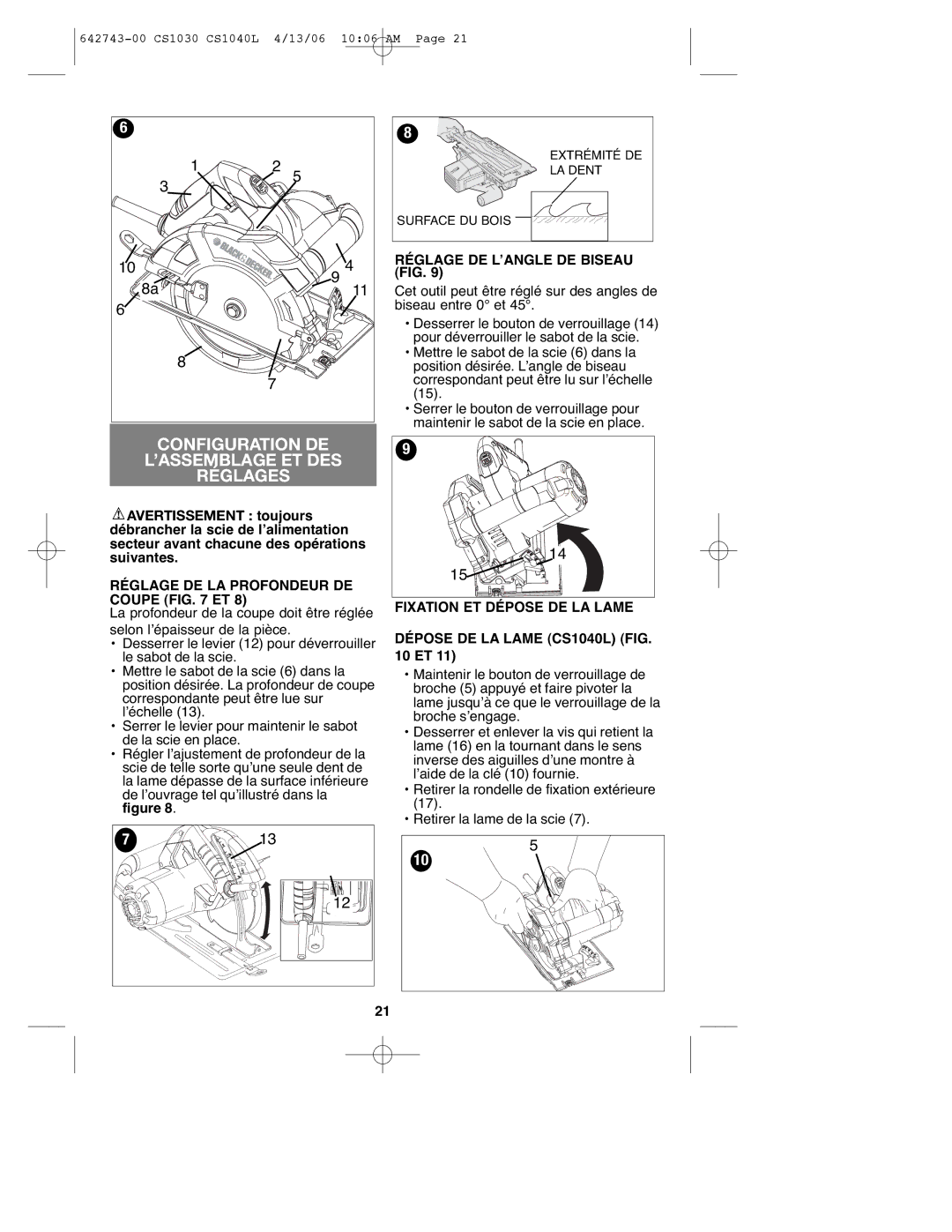 Black & Decker CS1030L instruction manual Configuration DE ’ASSEMBLAGE ET DES Réglages, Réglage DE L’ANGLE DE Biseau 