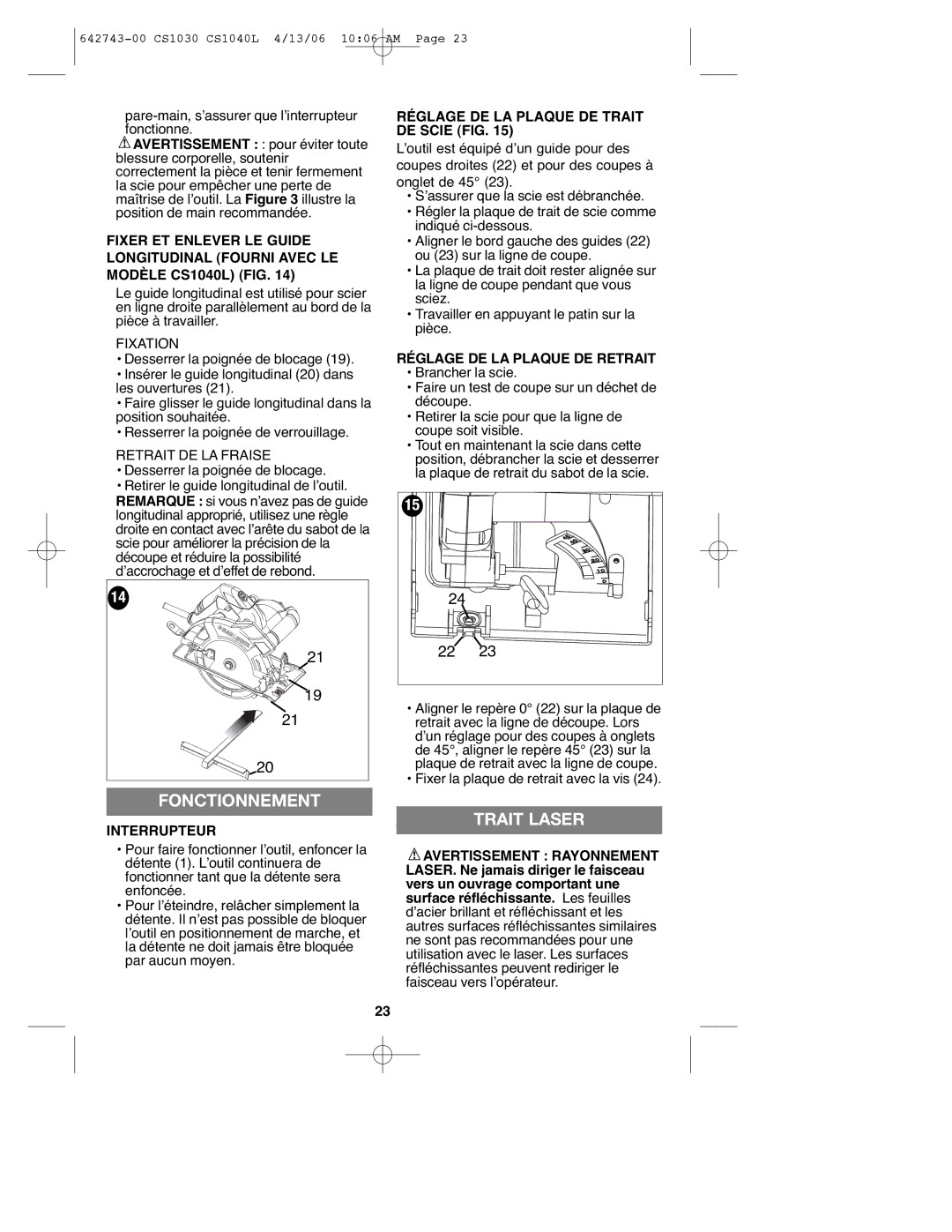 Black & Decker CS1030L Fonctionnement, Trait Laser, Interrupteur, Réglage DE LA Plaque DE Trait DE Scie FIG 