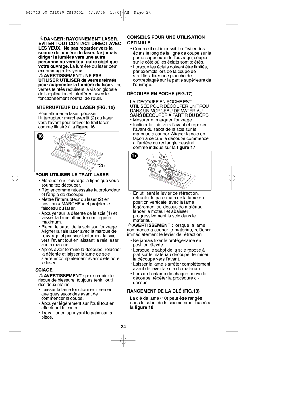 Black & Decker CS1030L instruction manual Interrupteur DU Laser FIG, Pour Utiliser LE Trait Laser, Sciage, Découpe EN Poche 