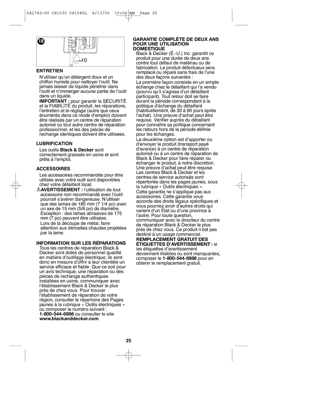 Black & Decker CS1030L instruction manual Entretien, Lubrification, Accessoires 