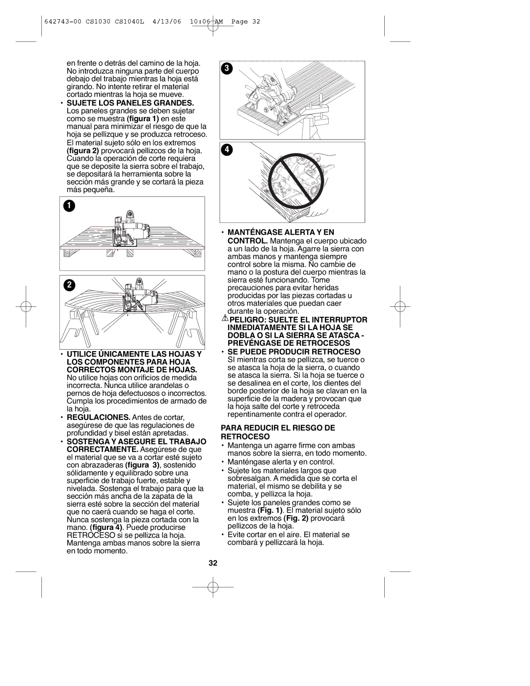 Black & Decker CS1030L instruction manual Manténgase Alerta Y EN, Para Reducir EL Riesgo DE Retroceso 