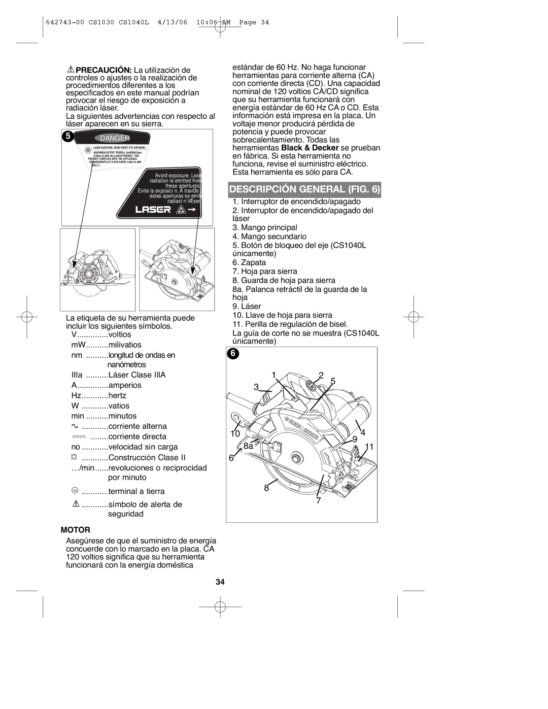 Black & Decker CS1030L instruction manual Descripción General FIG 