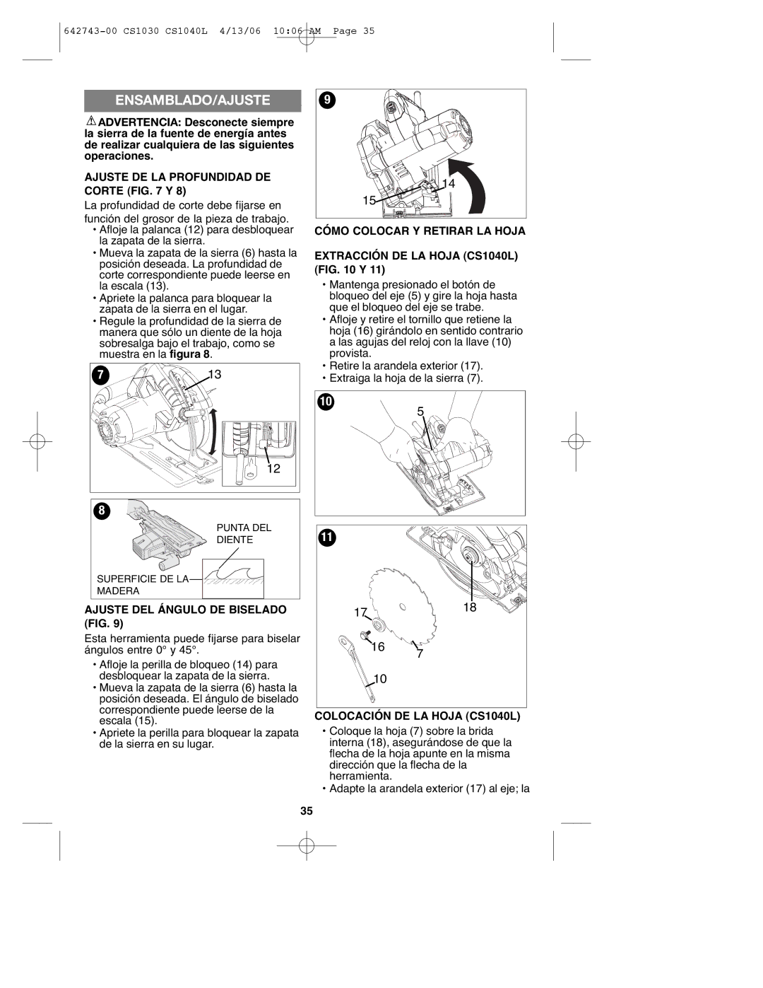 Black & Decker CS1030L Ensamblado/Ajuste, Ajuste DE LA Profundidad DE Corte Y, Ajuste DEL Ángulo DE Biselado FIG 