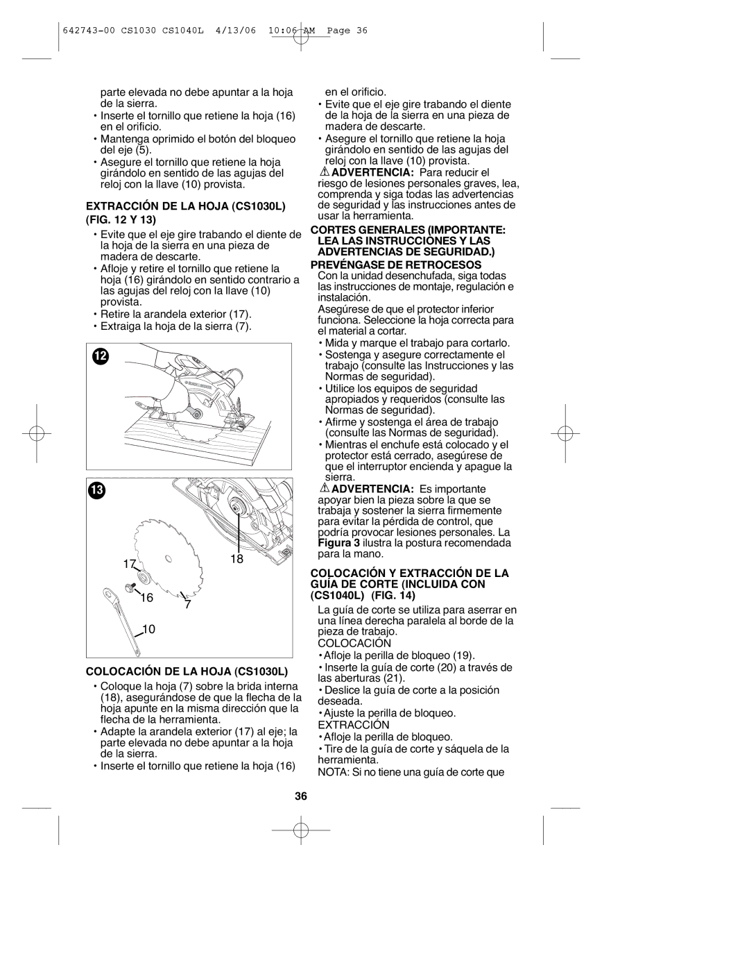 Black & Decker instruction manual Extracción DE LA Hoja CS1030L Y, Colocación DE LA Hoja CS1030L 