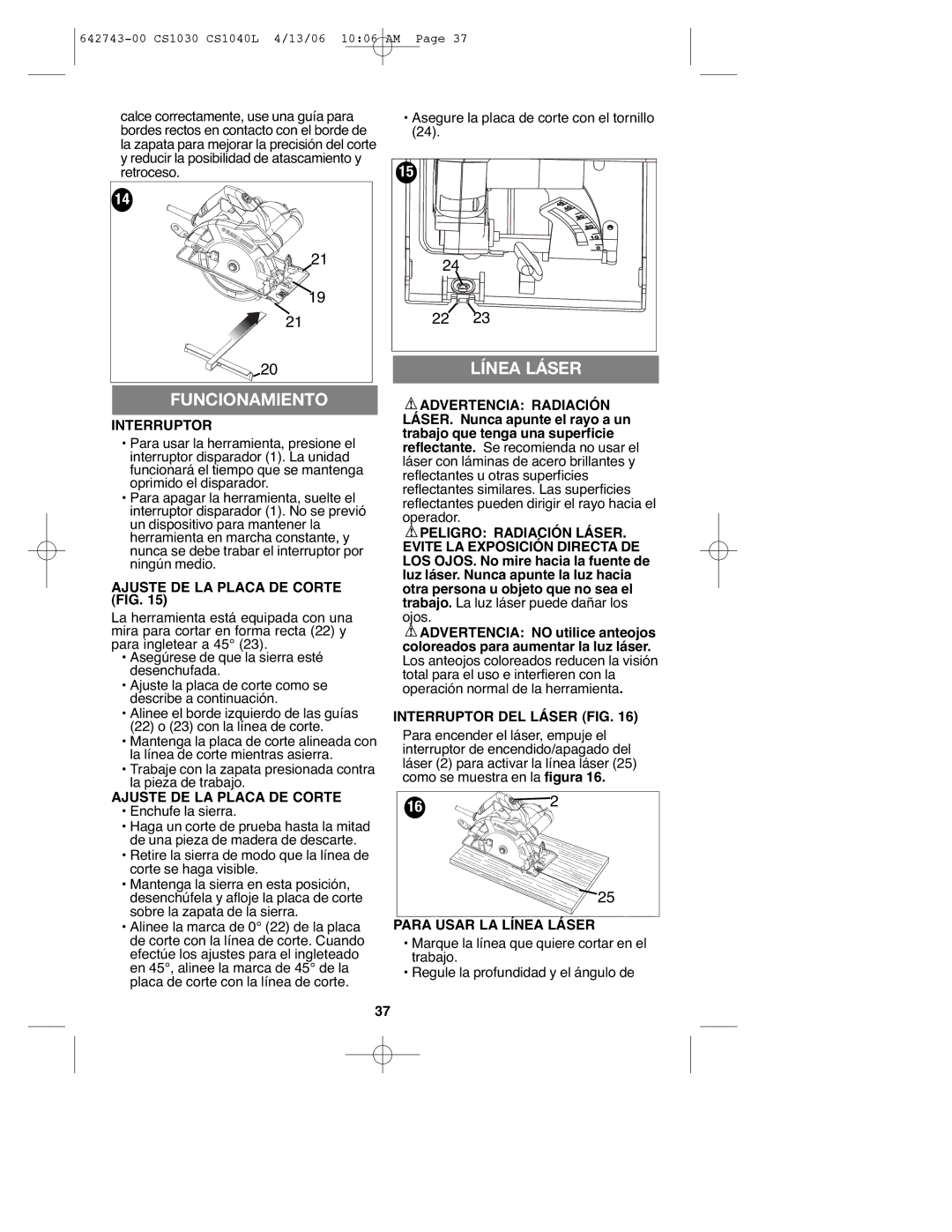 Black & Decker CS1030L instruction manual Funcionamiento, Línea Láser 