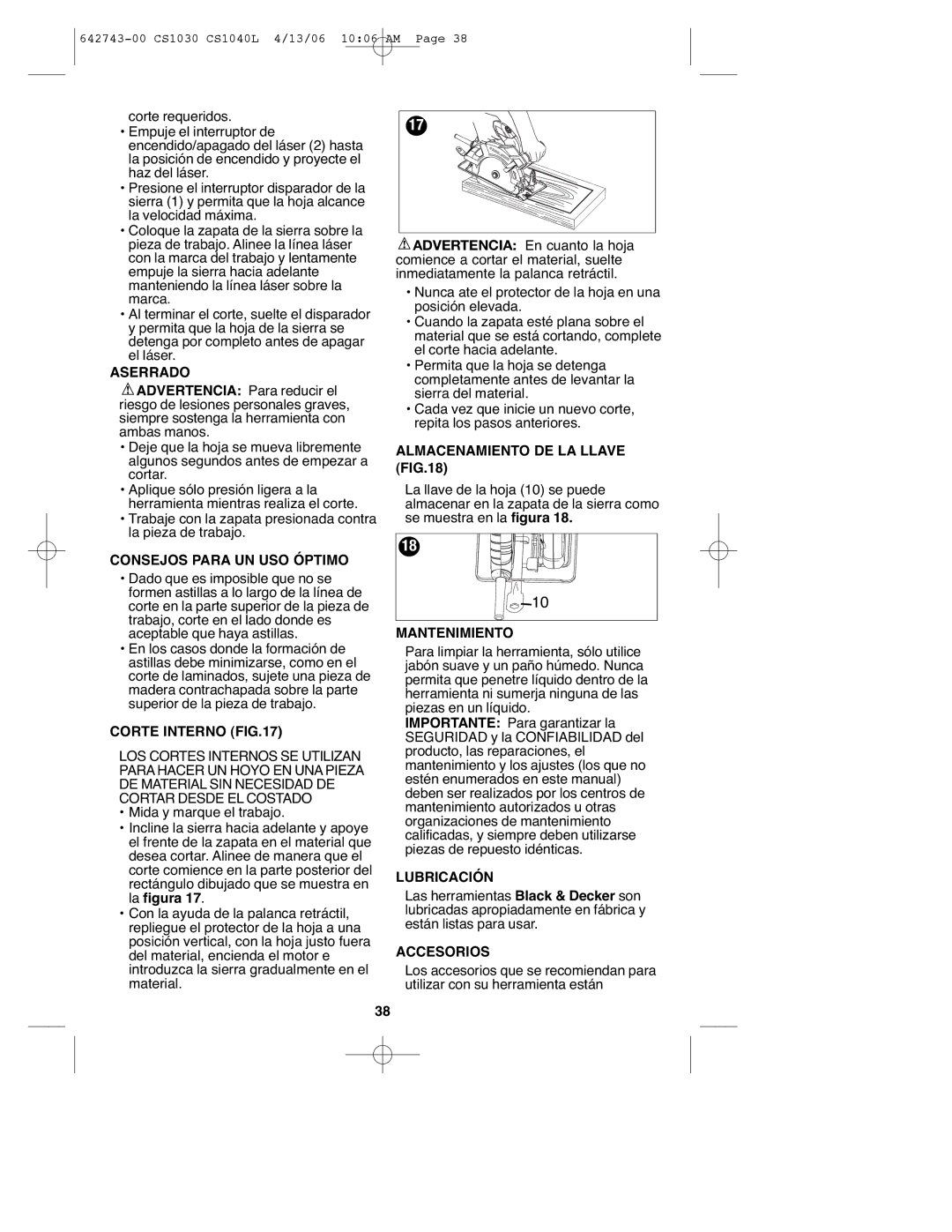 Black & Decker CS1030L Aserrado, Consejos Para UN USO Óptimo, Corte Interno, Almacenamiento DE LA Llave, Lubricación 