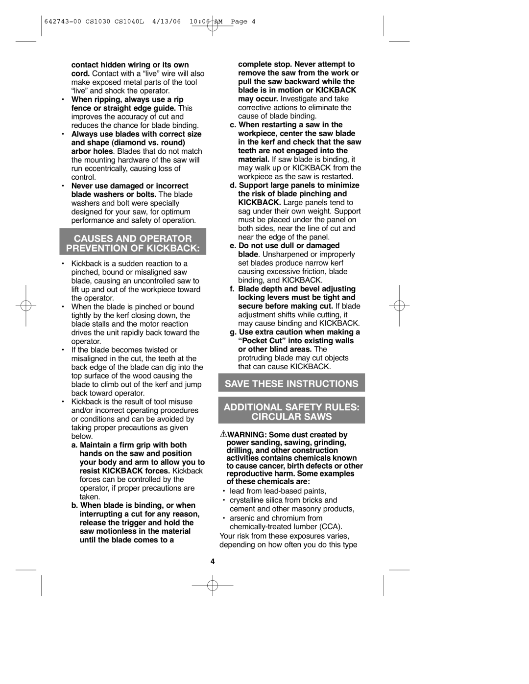 Black & Decker CS1030L instruction manual Causes and Operator Prevention of Kickback, Lead from lead-based paints 