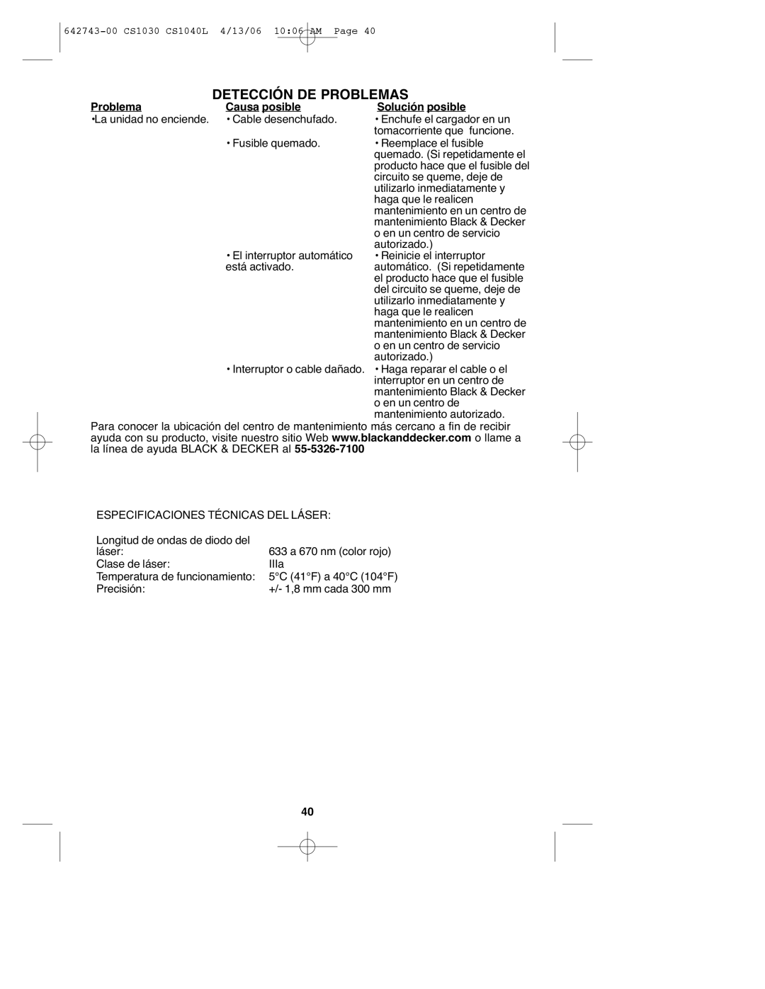 Black & Decker CS1030L instruction manual Especificaciones Técnicas DEL Láser 