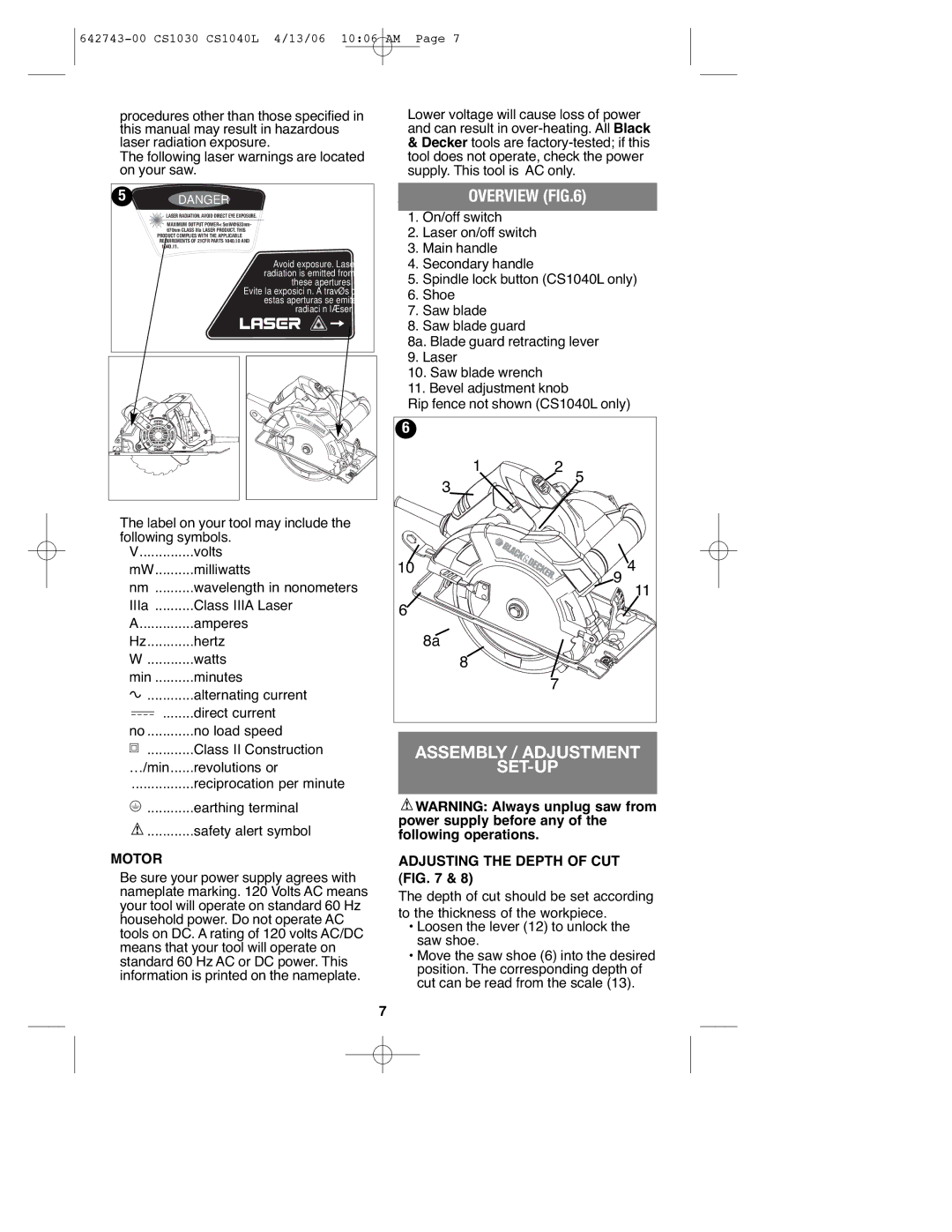 Black & Decker CS1030L instruction manual Overview, Assembly / Adjustment SET-UP, Motor 